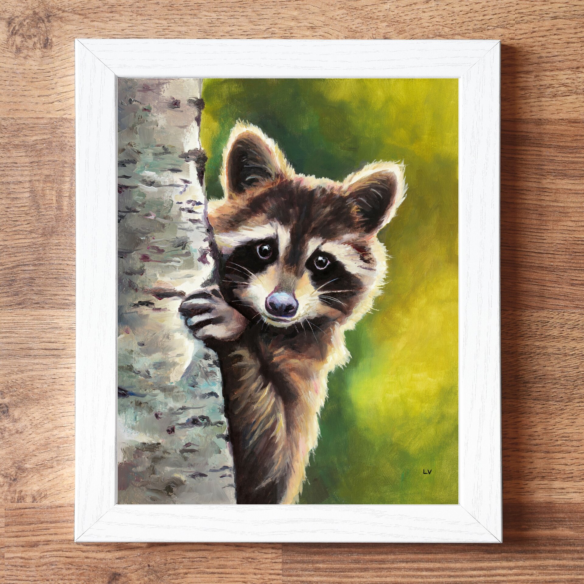 Retrato al óleo de un mapache asomado en un tronco, Pintura realista de animales - 4