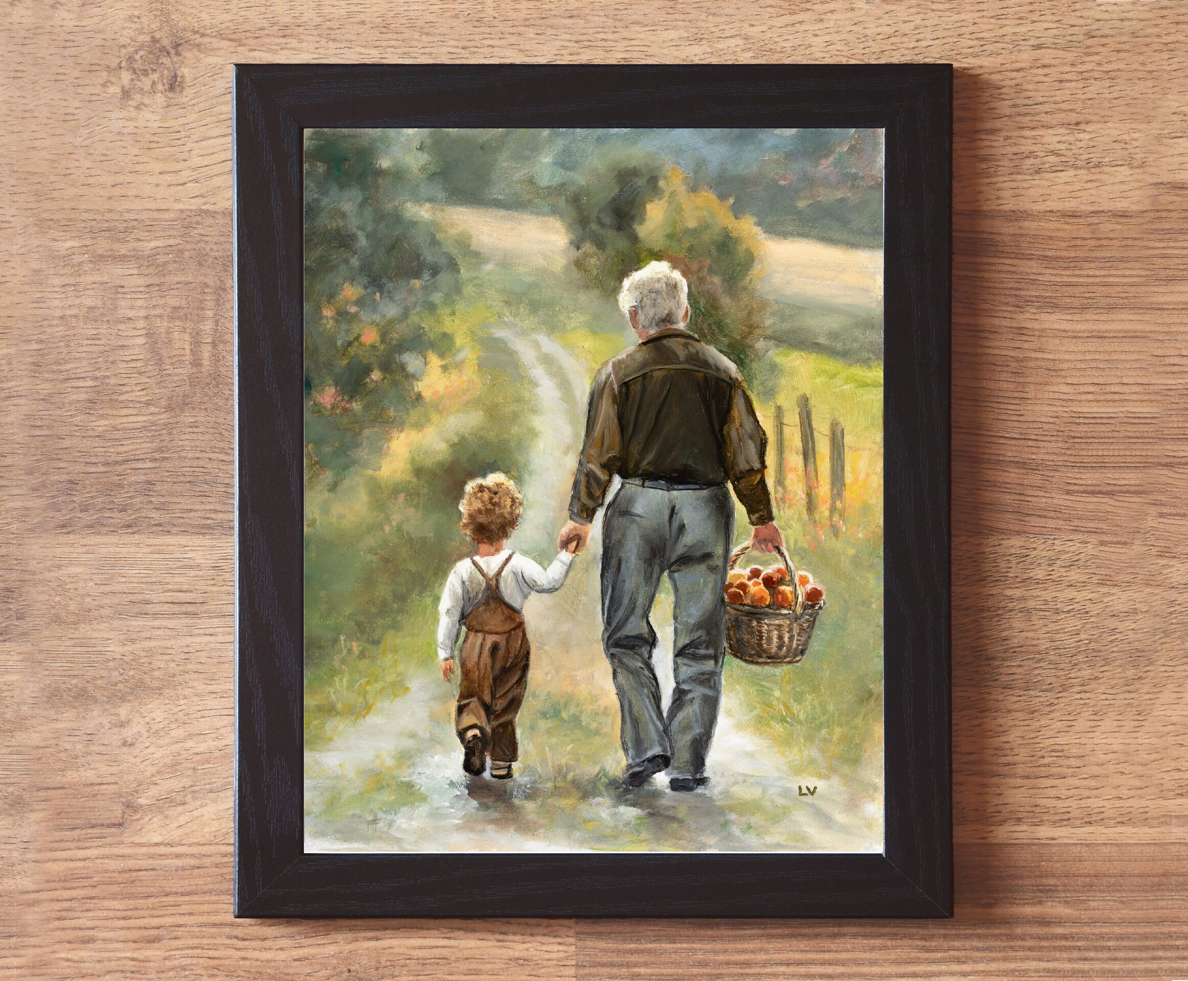 Pintura tierna de abuelo y nieto con cesto de manzanas en camino rural de granja - 2