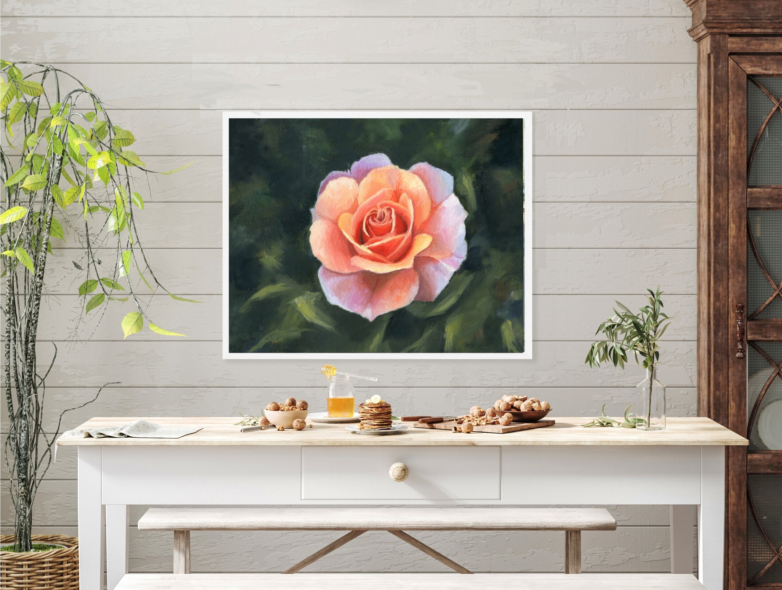 Pintura de Rosa delicada en jardín con plantas verdes. Sofisticación y elegancia - 7