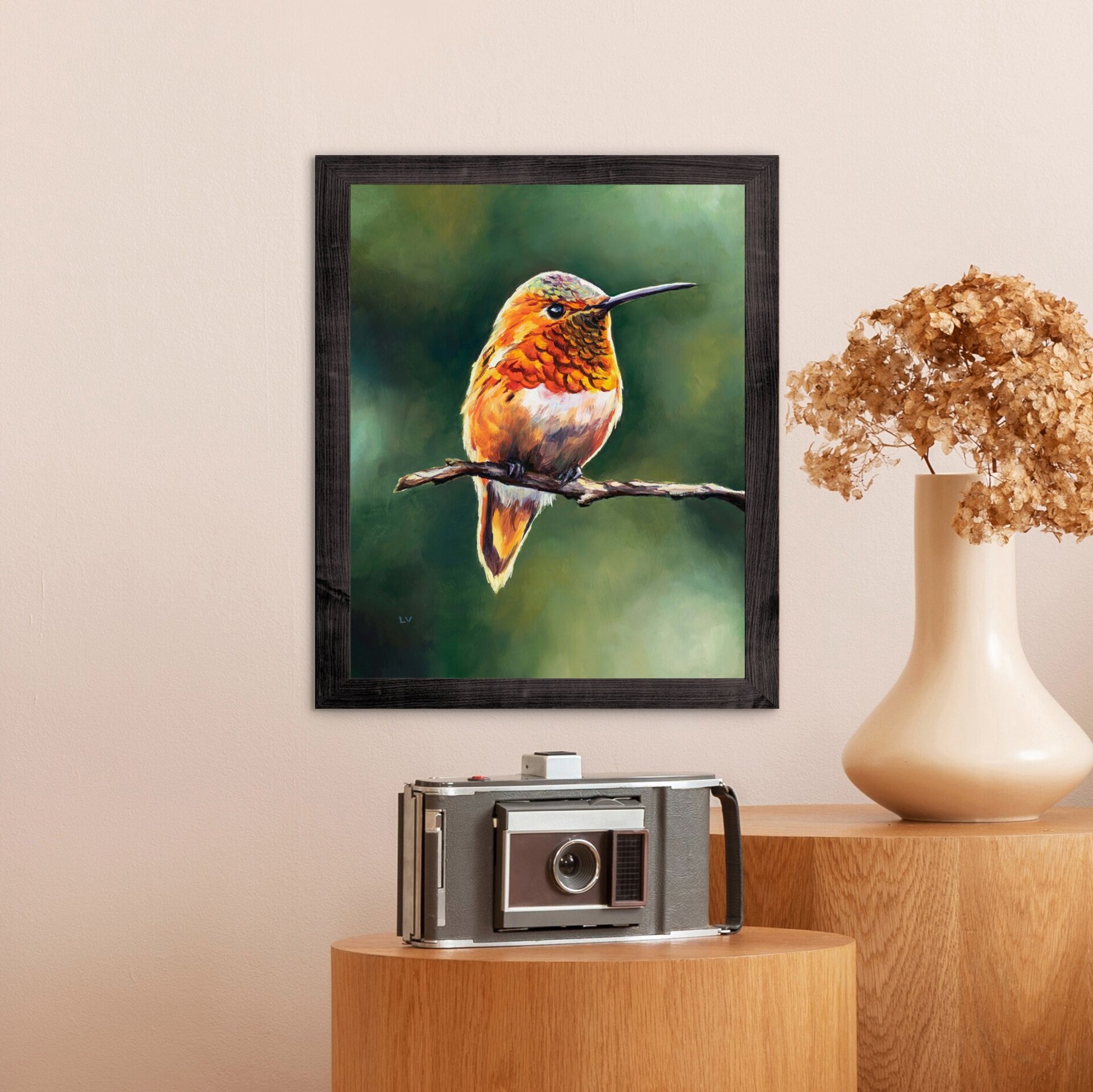 Pintura de colibrí naranja posado en un árbol, Retrato de vida silvestre animal - 12