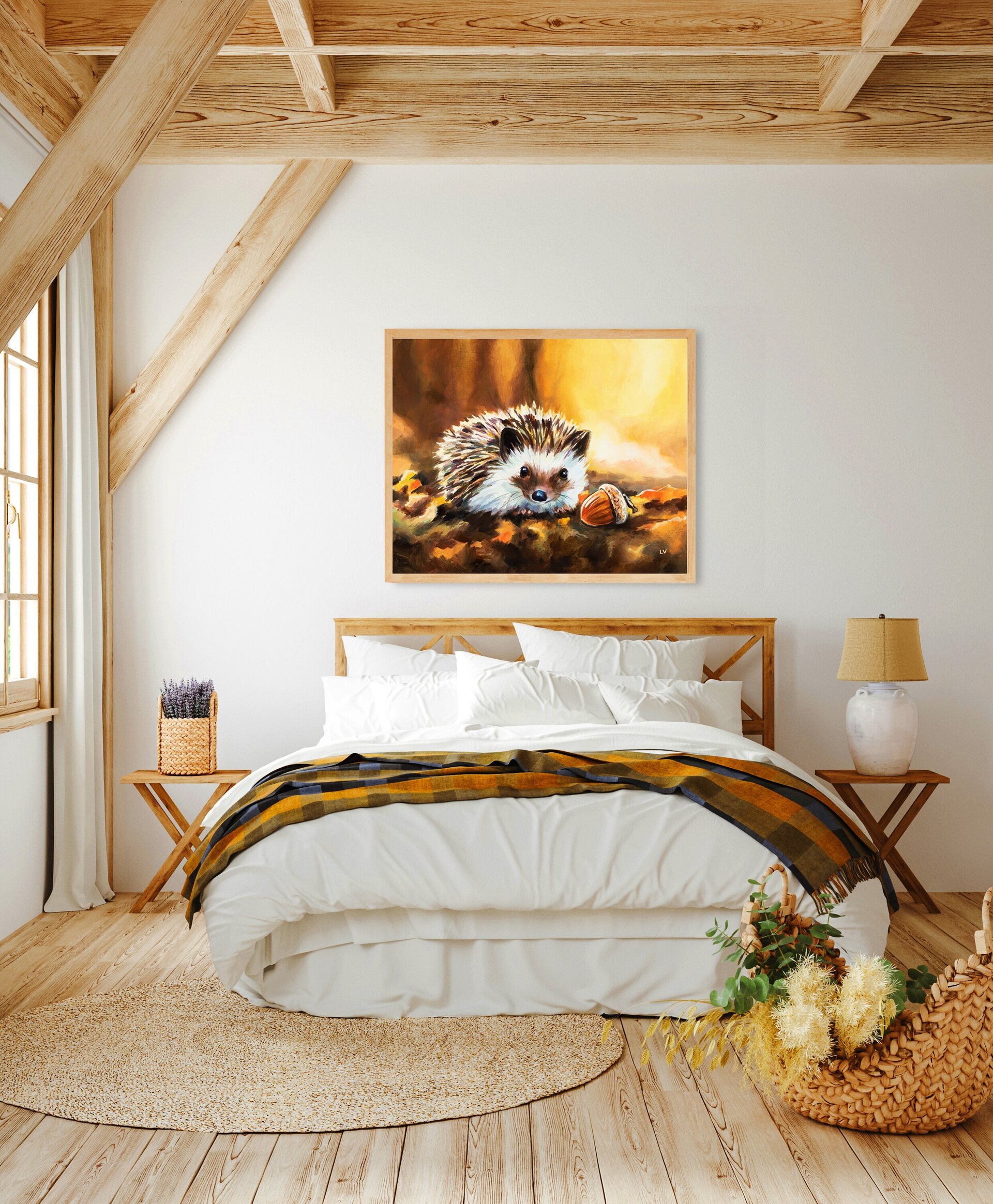Cuadro de erizo con una bellota en el bosque otoñal, Pintura infantil animales - 10