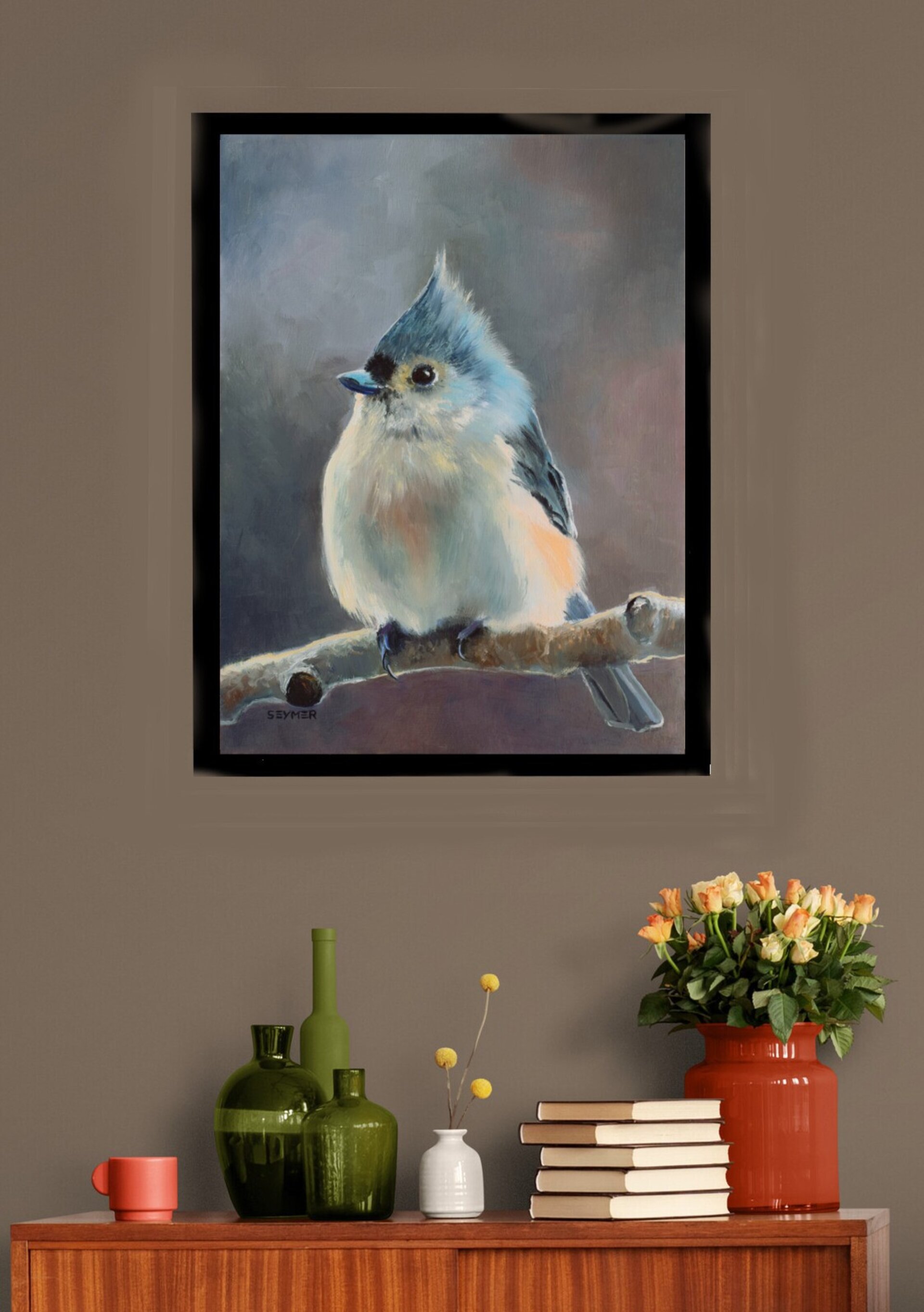 Óleo de pájaro herrerillo azul sobre rama árbol, Pintura realista de ornitologia - 6