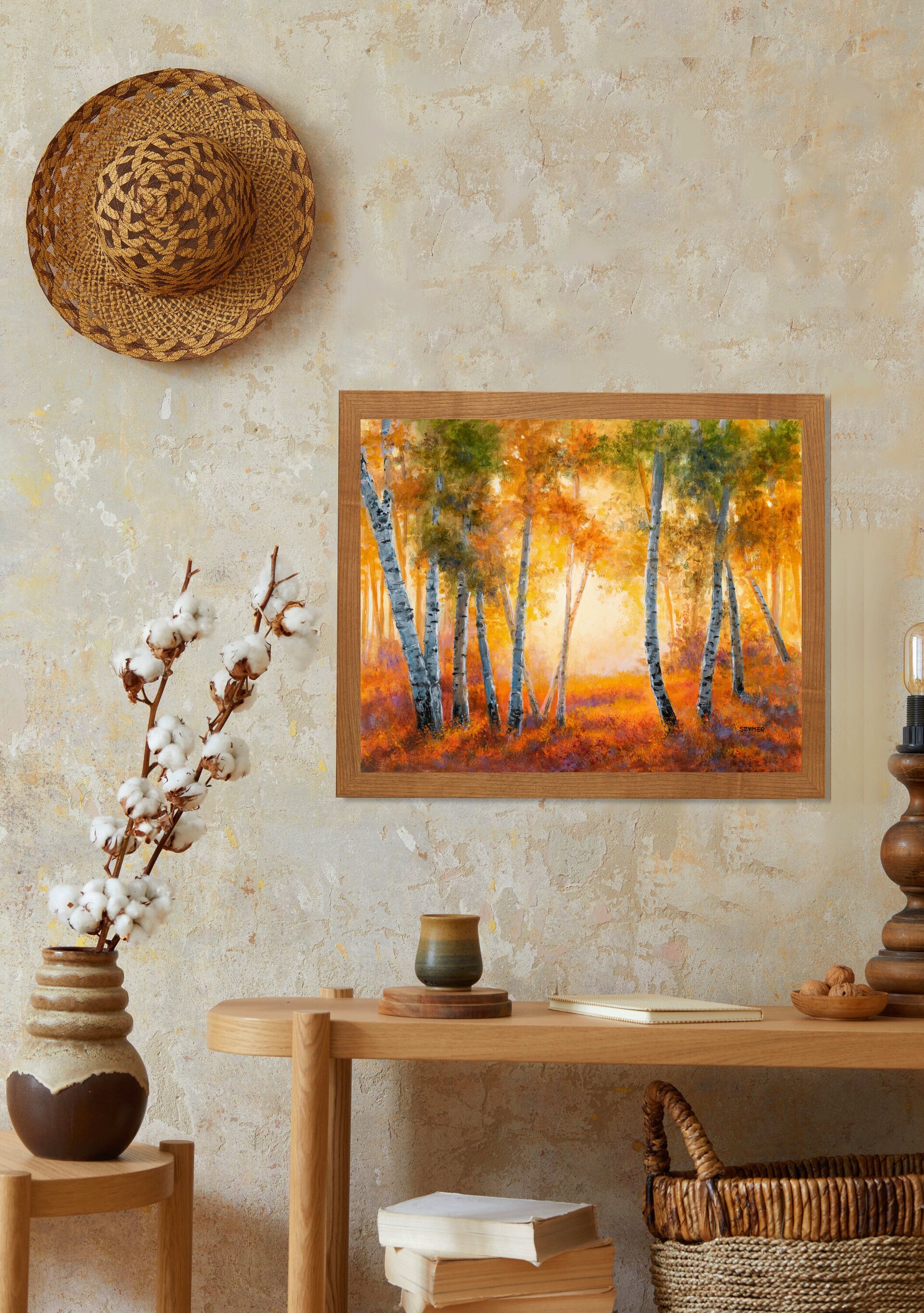 Bosque otoñal de abedules y luz entre los árboles, Óleo en tonos naranja y verde - 9