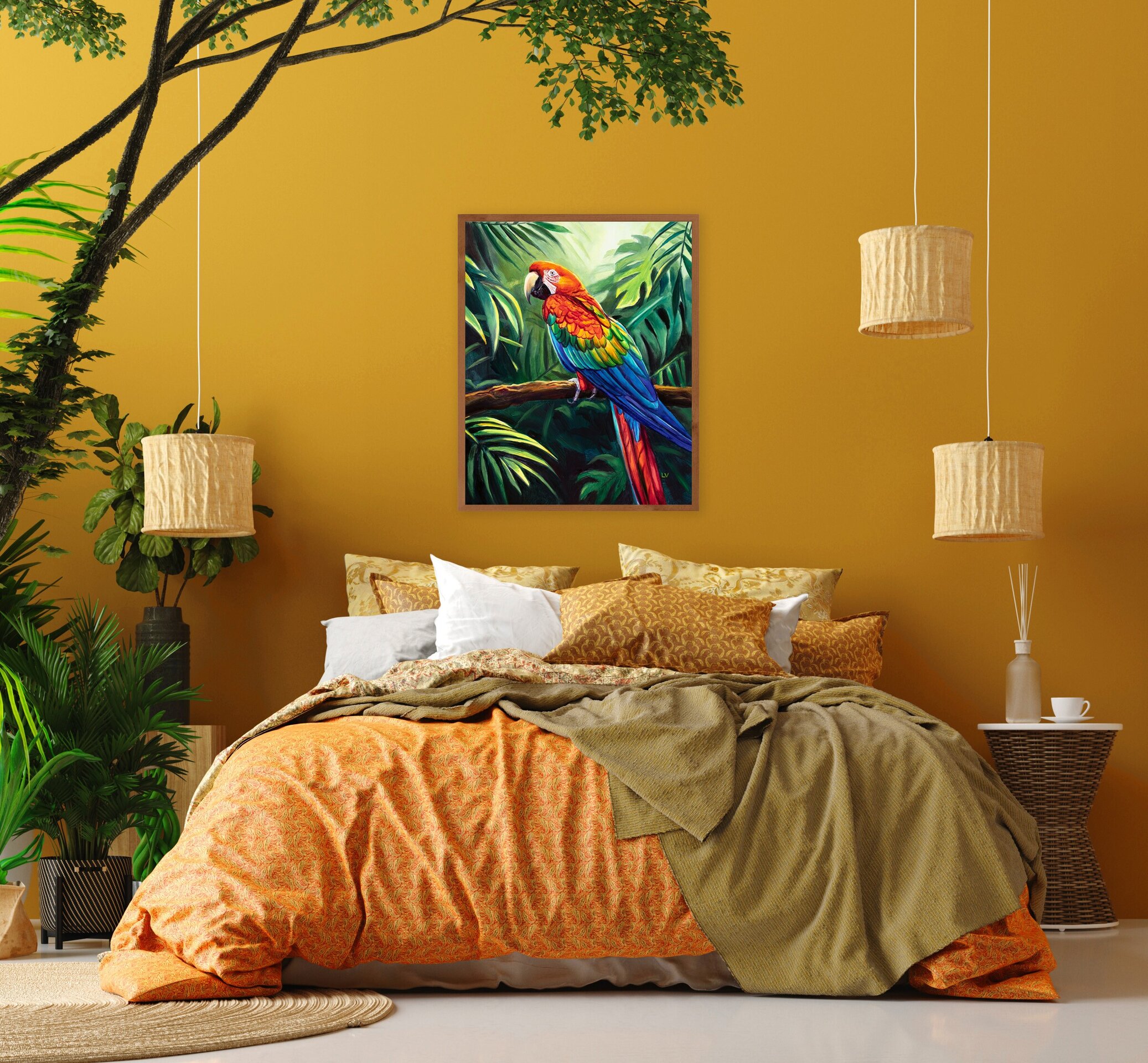 Cuadro de loro guacamayo rojo en la jungla, Pintura a óleo de animales salvajes - 7