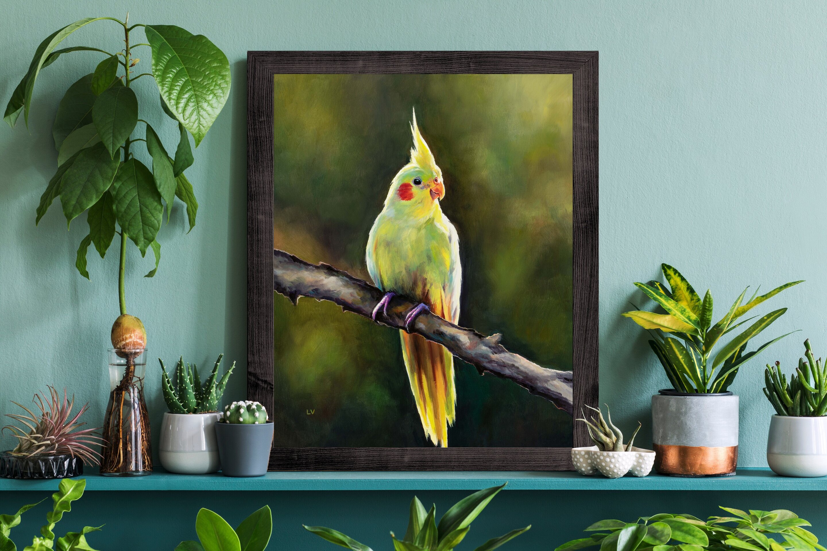 Retrato de ninfa amarilla al óleo, Pintura de pájaro tropical sobre una rama - 6
