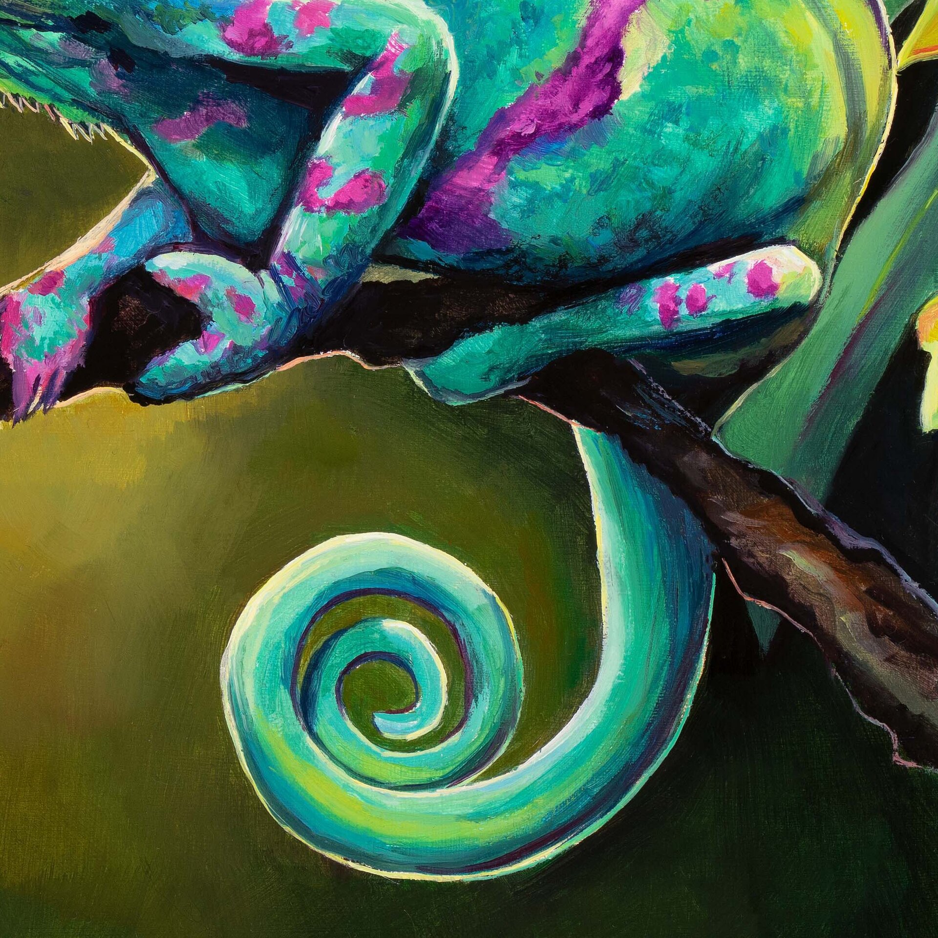 Cuadro al óleo de camaleón verde en la selva, Pintura realista animales salvajes - 9