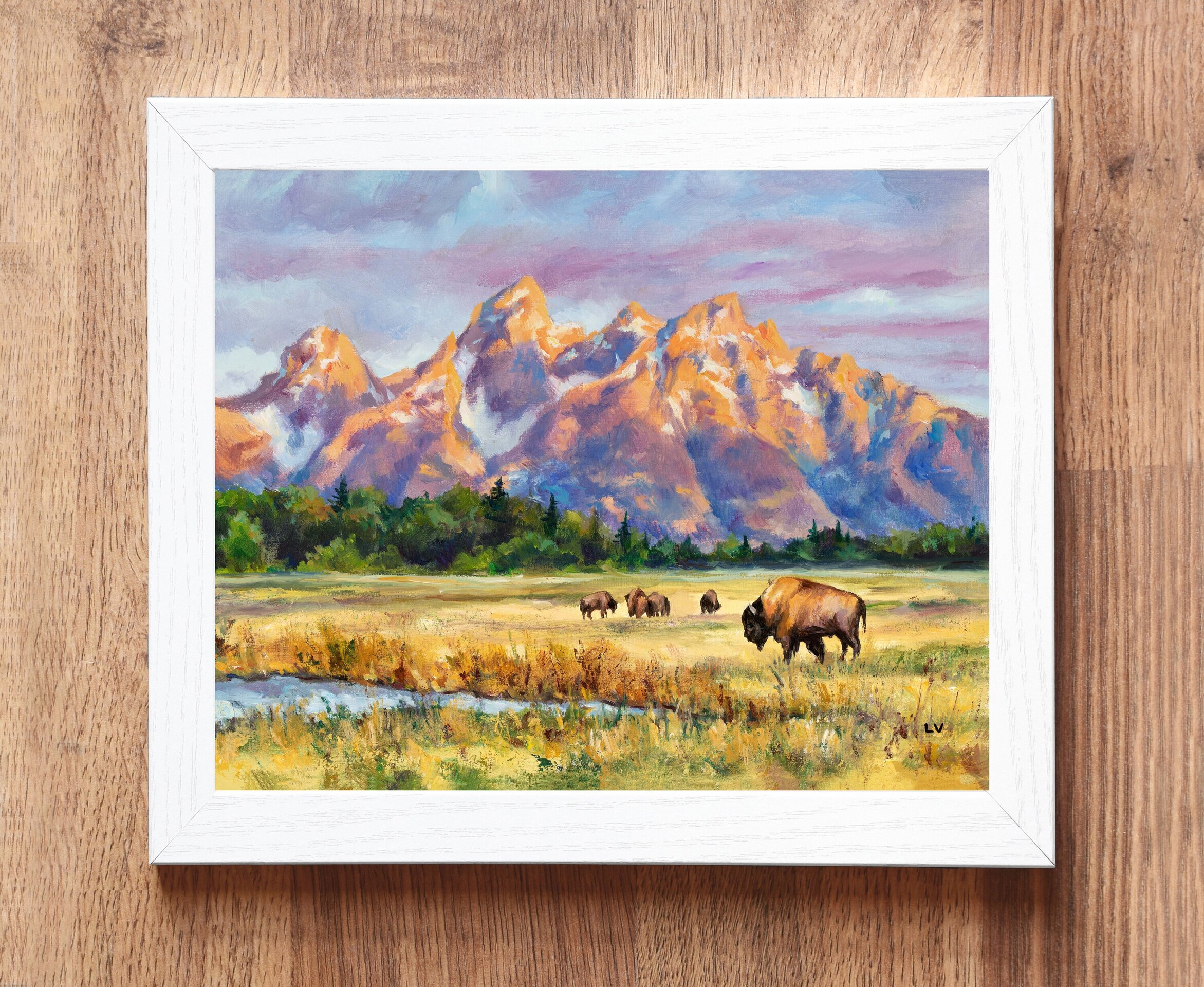 Paisaje al óleo de montañas nevadas con bisontes en la pradera al amanecer - 4