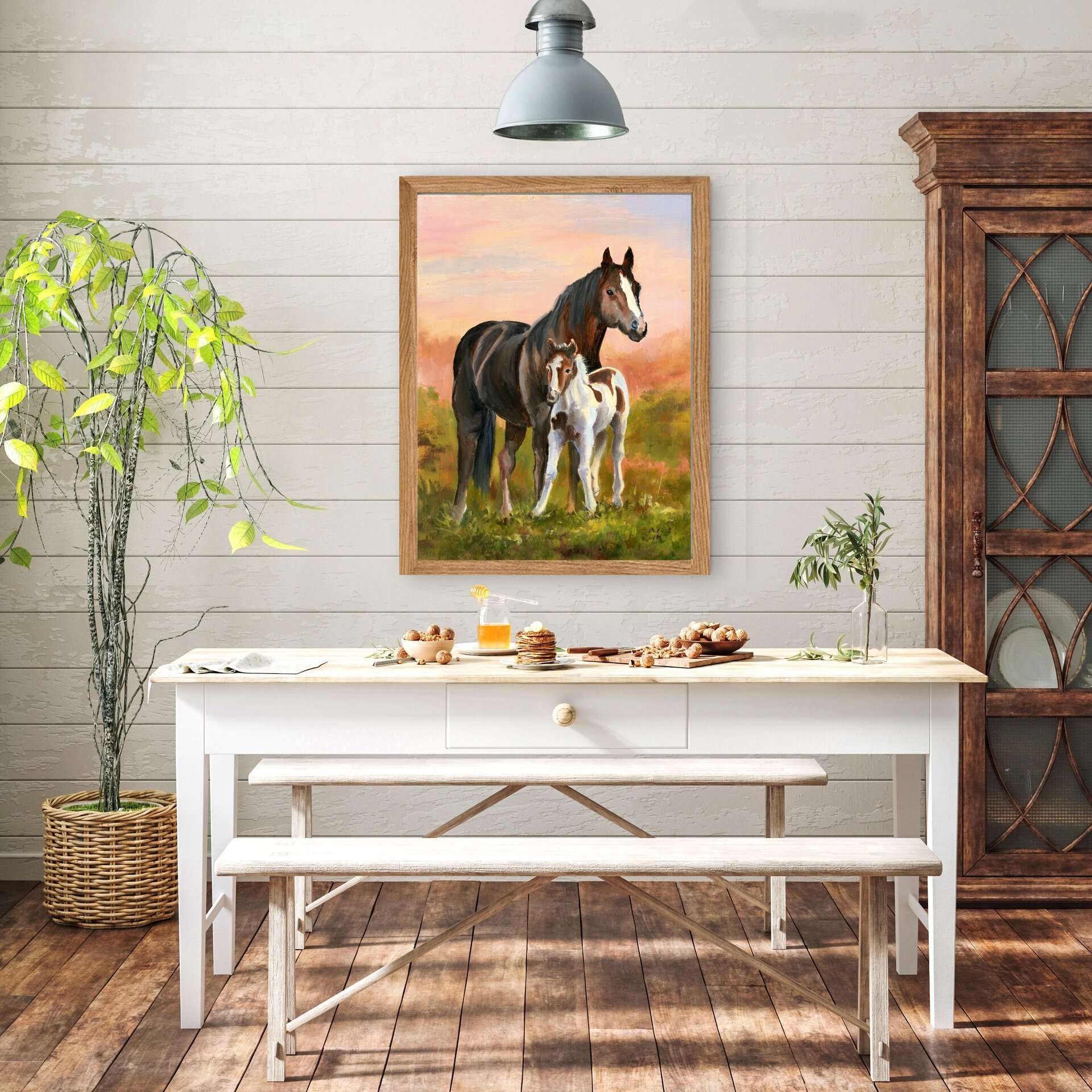 Yegua y potrillo al atardecer, Pintura cálida de serenidad, ternura y animales - 7