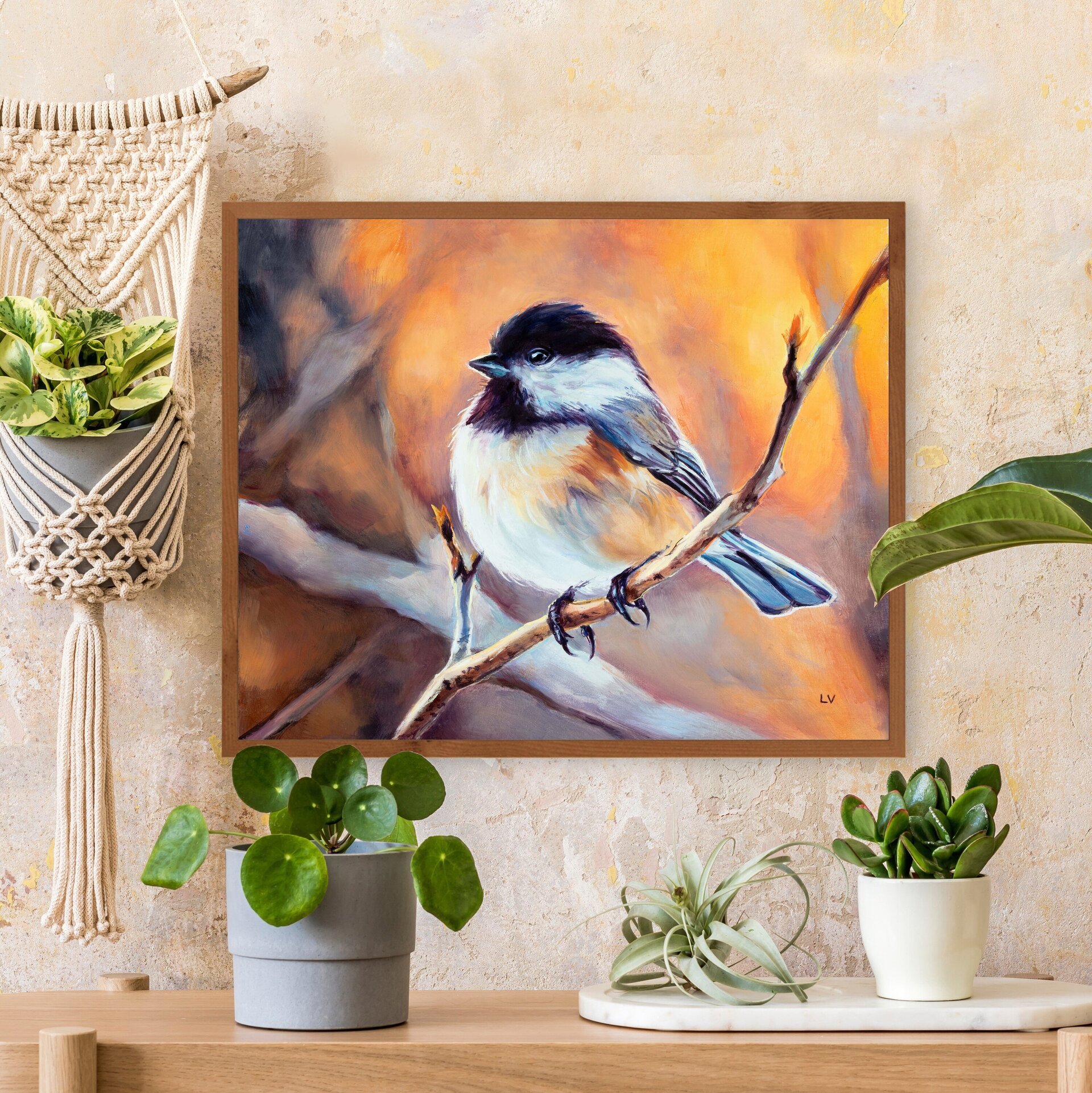 Pintura al óleo de pájaro carbonero cabecinegro sobre una rama del bosque - 11
