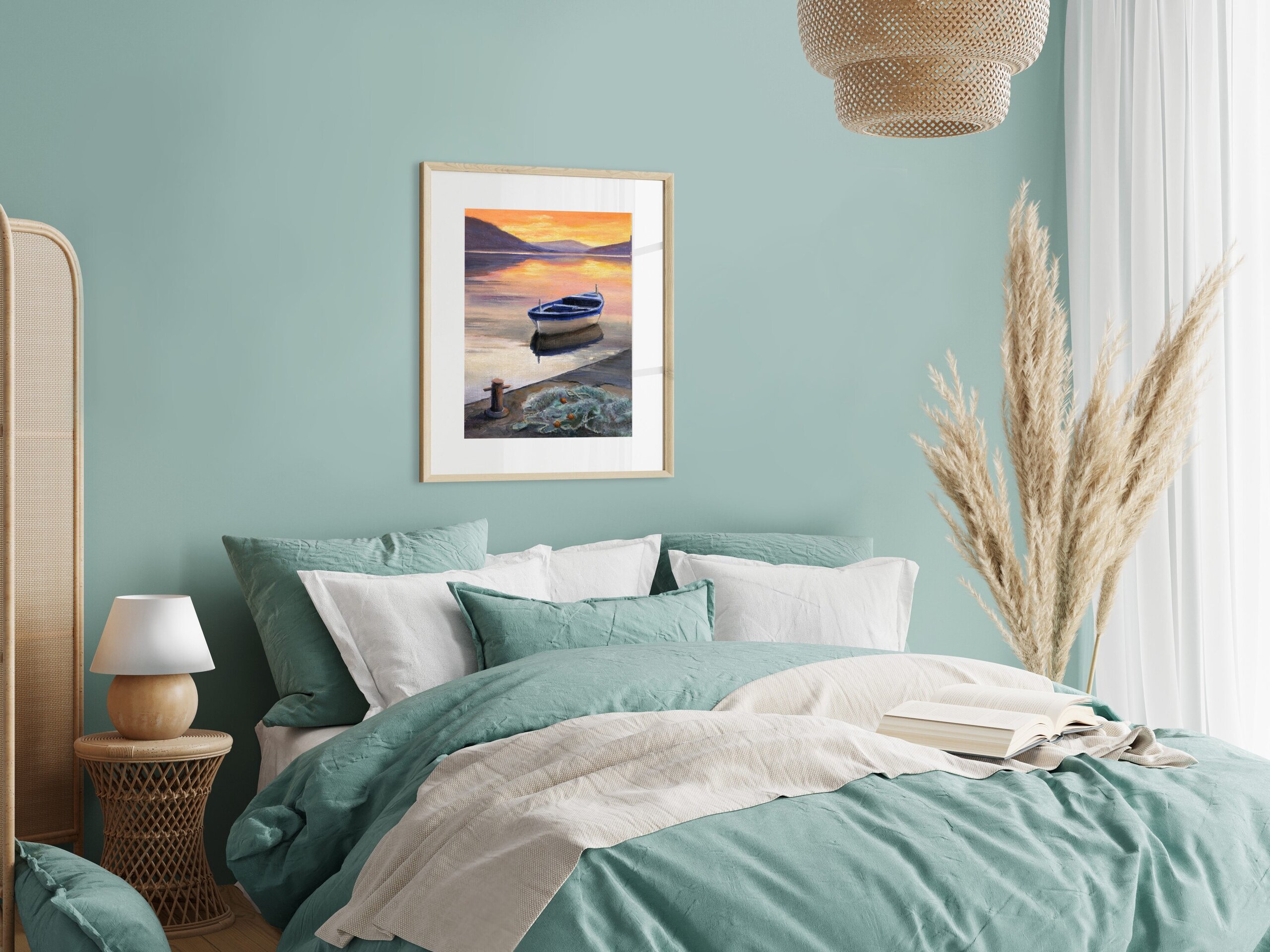 Pintura de barca de pesca con red en muelle al atardecer, Regalo para pescador - 5