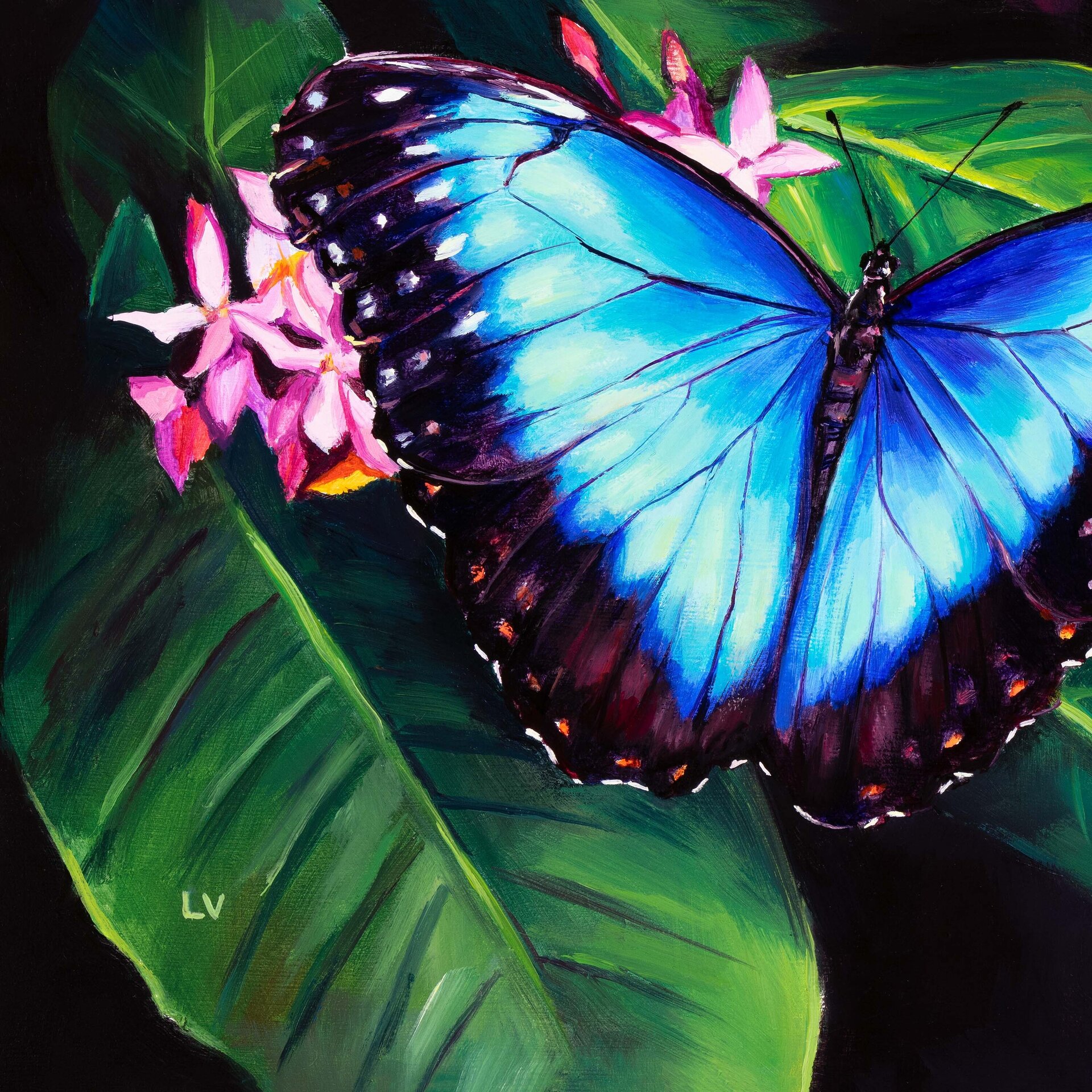 Cuadro de mariposa azul morpho sobre flores rosa, Pintura al óleo insecto jardín - 10