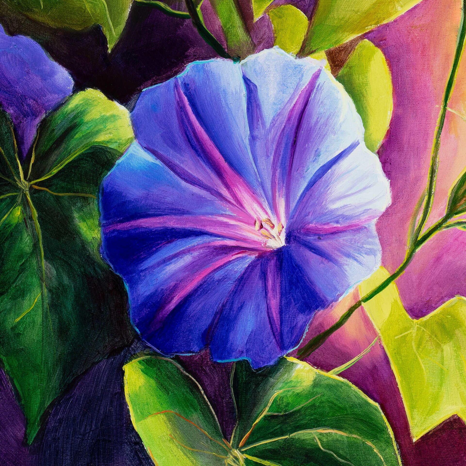 Flores de campanilla moradas en el jardín cuadro al óleo, Pintura botánica - 8