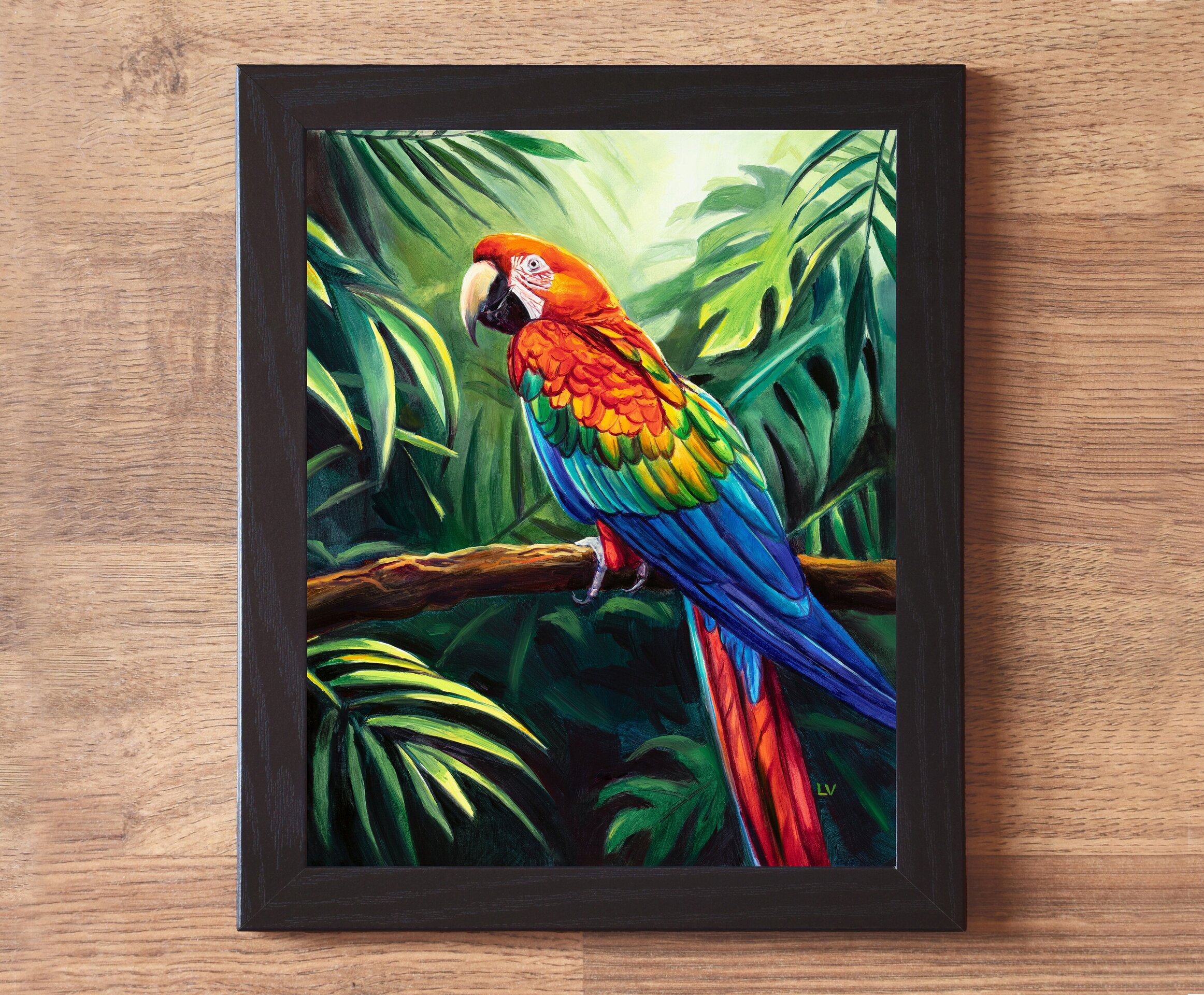 Cuadro de loro guacamayo rojo en la jungla, Pintura a óleo de animales salvajes - 2
