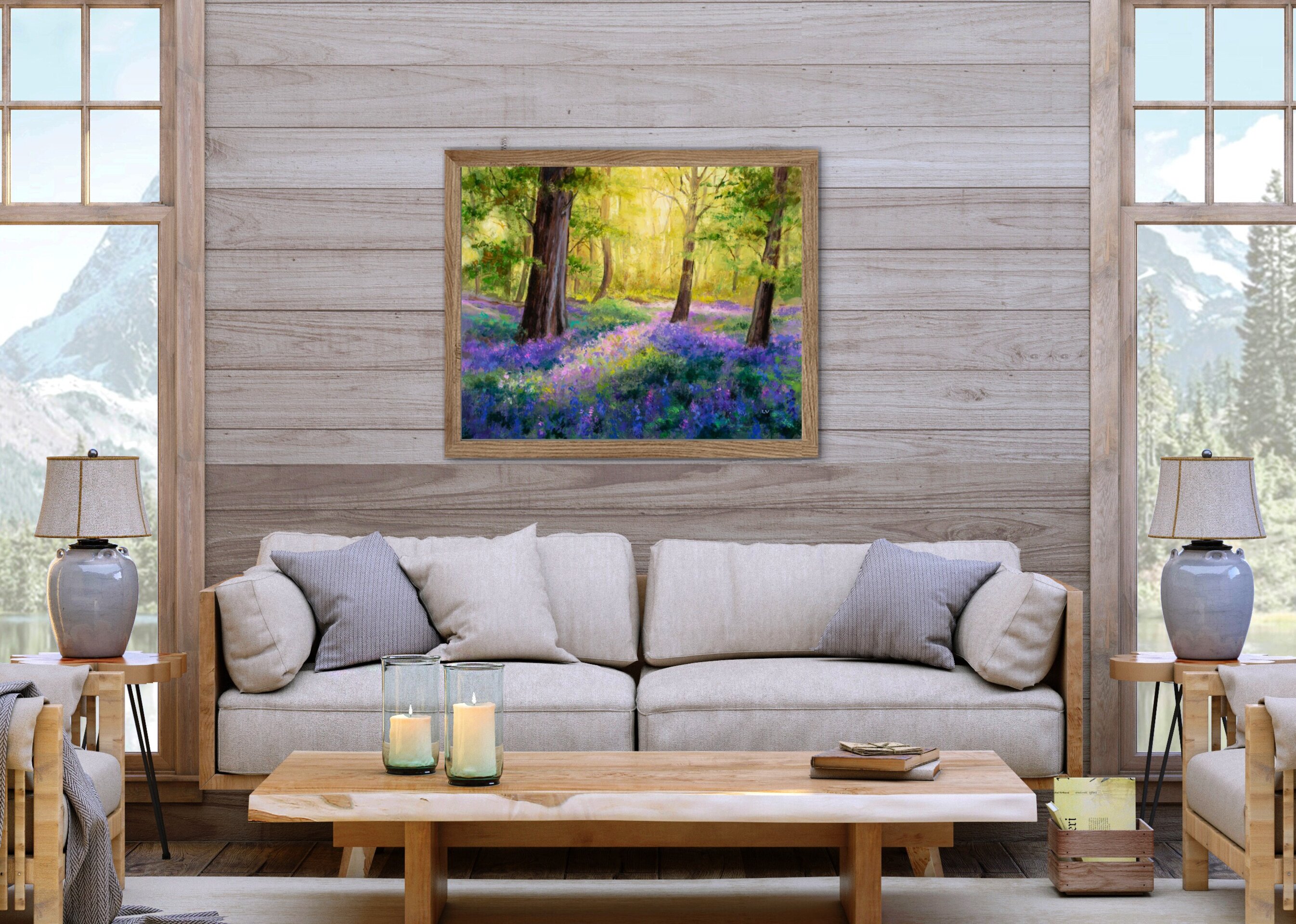Pintura de campanillas azules en un bosque de hayas con luz entre los árboles - 6