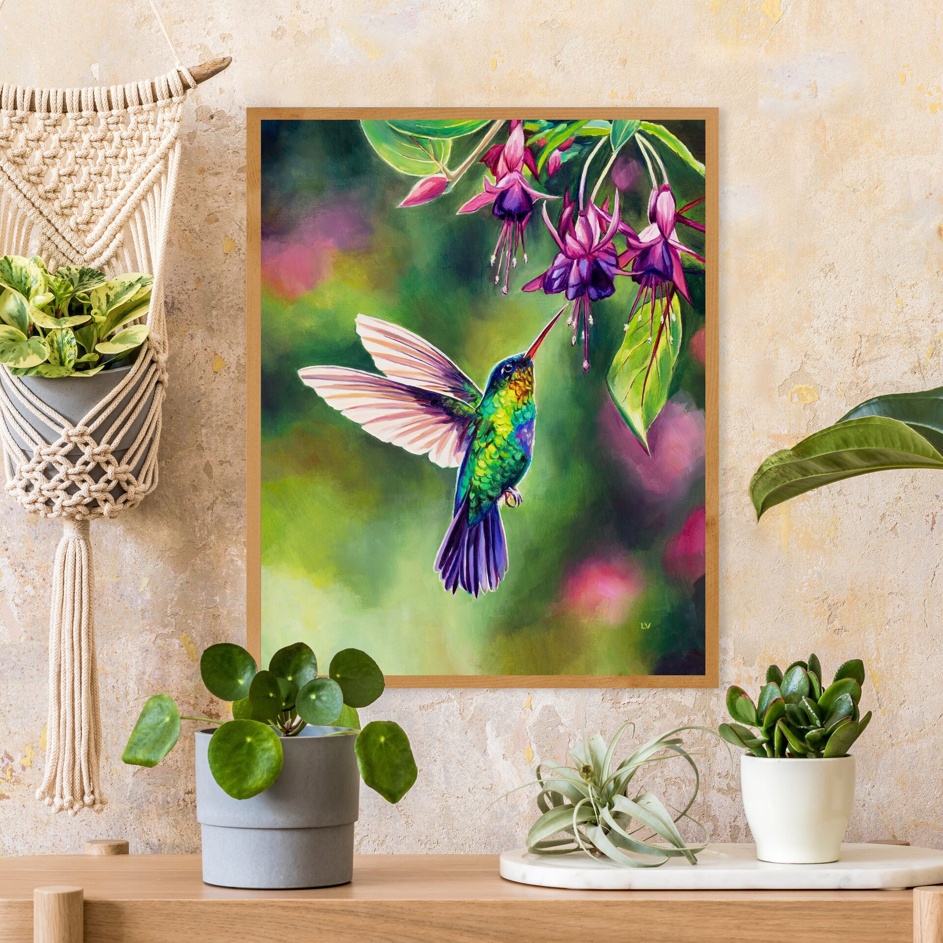 Pájaro colibrí volando con flores tropicales, Cuadro al óleo de ave exótica - 10