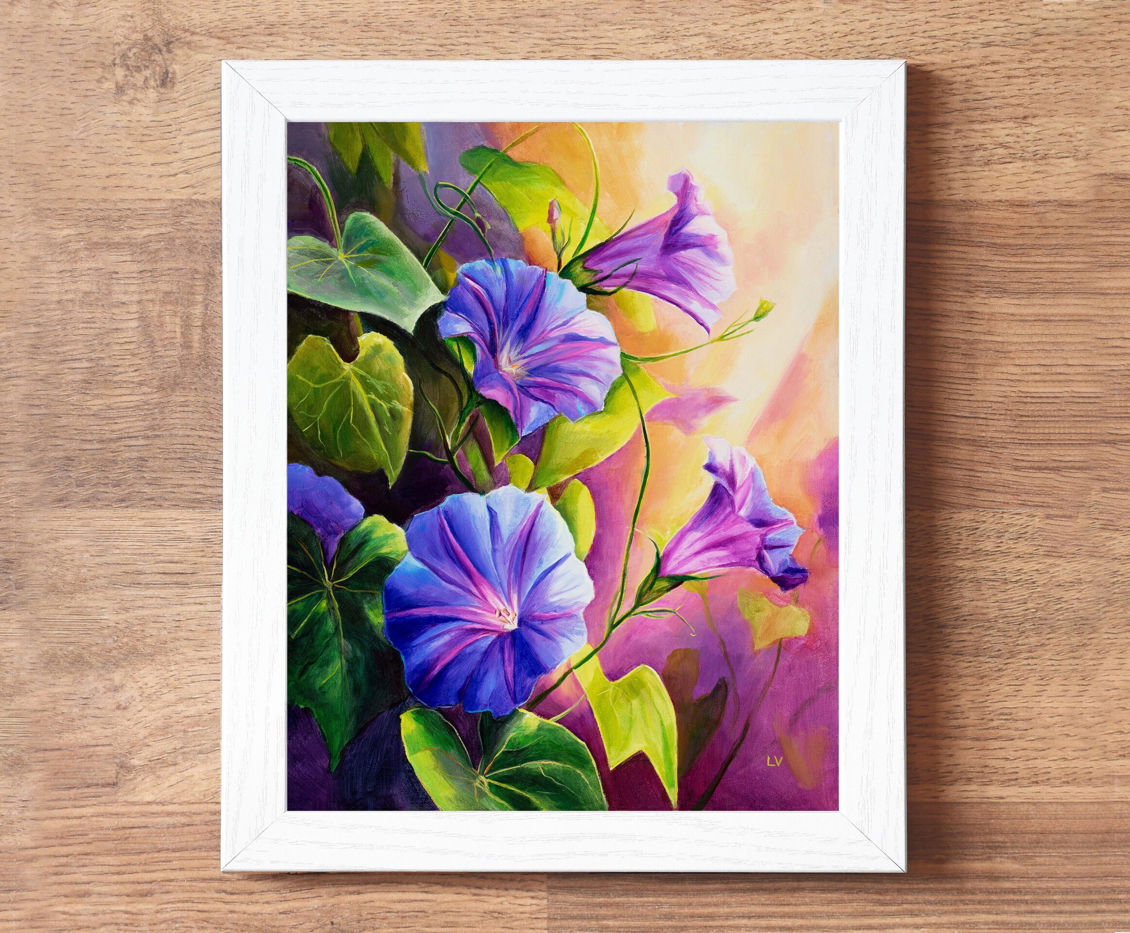 Flores de campanilla moradas en el jardín cuadro al óleo, Pintura botánica - 4