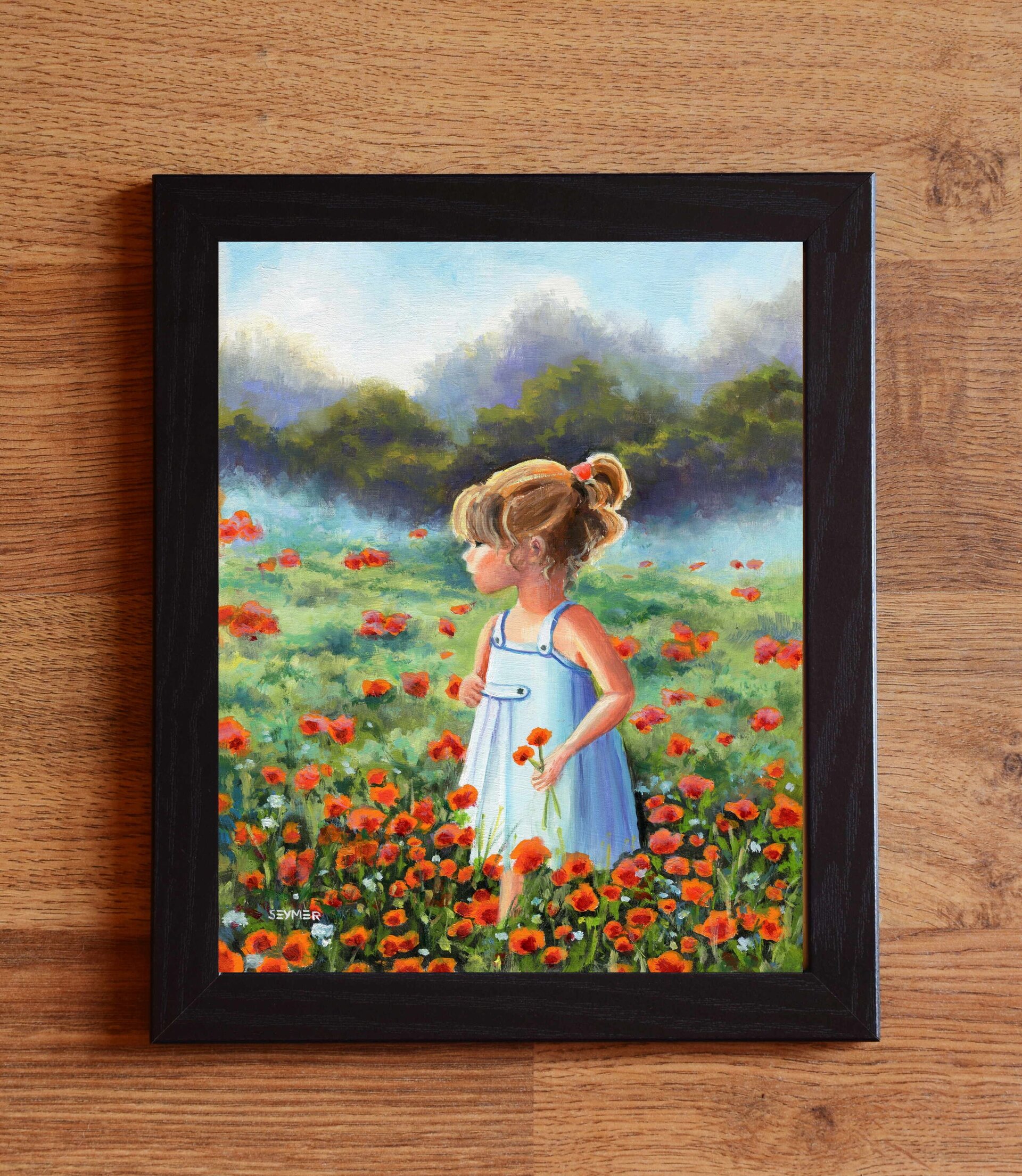 Pintura Niña en campo de amapolas rojas a pleno sol, Luz, color, paz, inocencia - 2