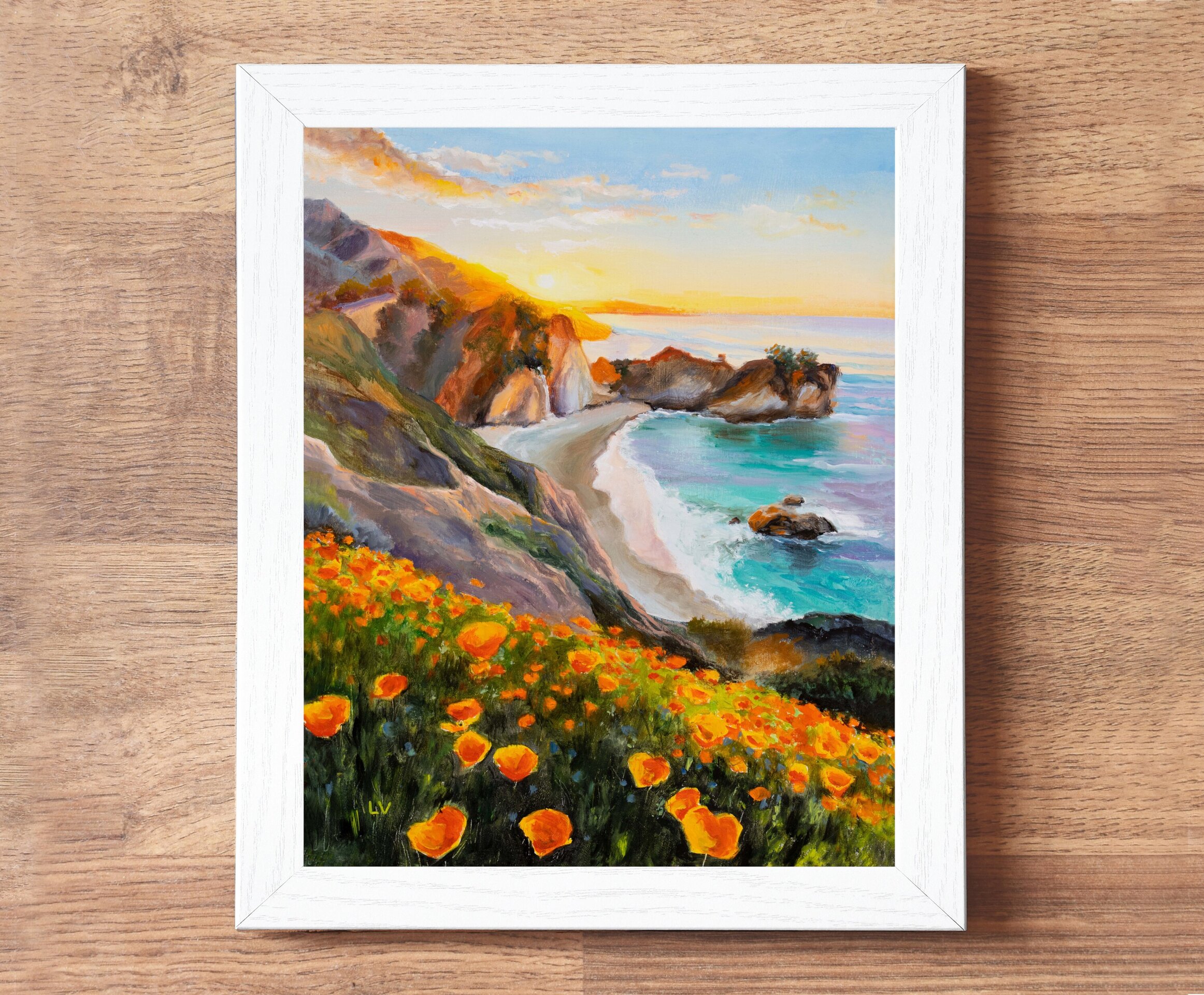 Pintura de playa de California, Mar de agua turquesa con rocas en puesta de sol - 4