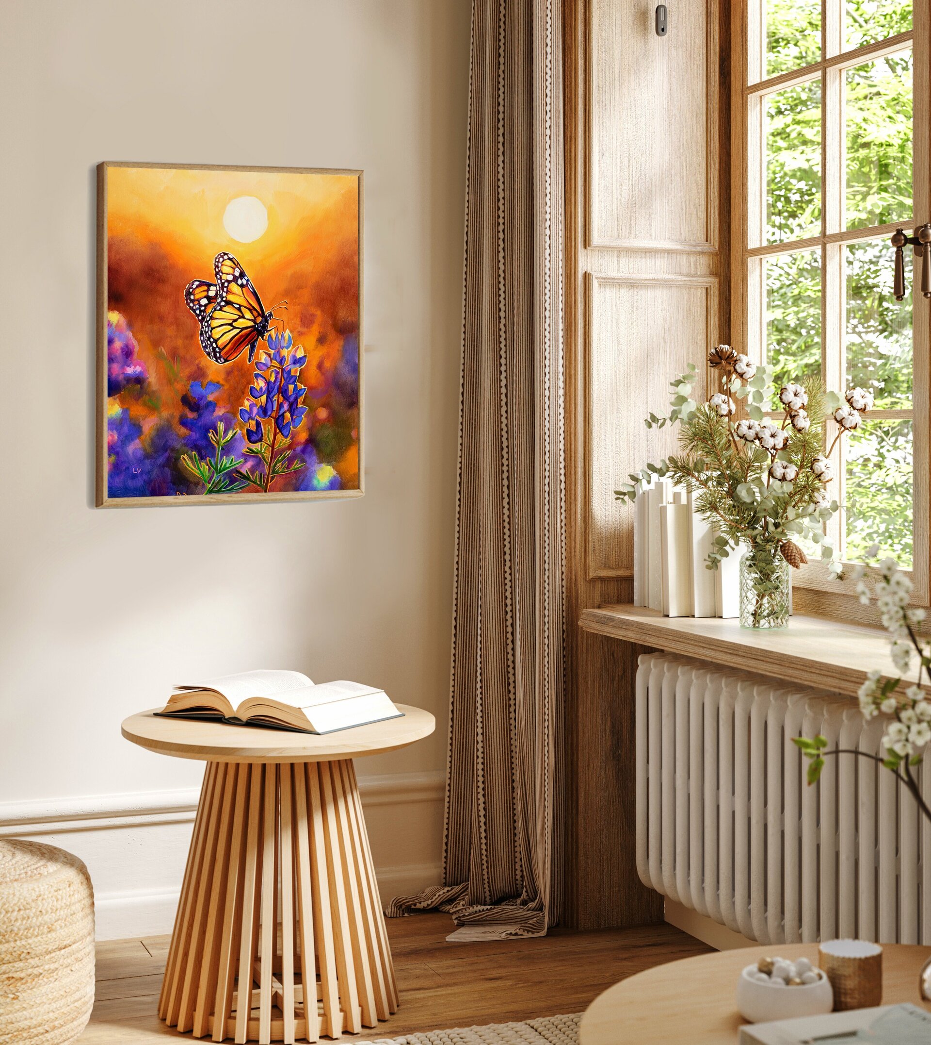 Cuadro al óleo de mariposa monarca sobre flores moradas al atardecer - 12