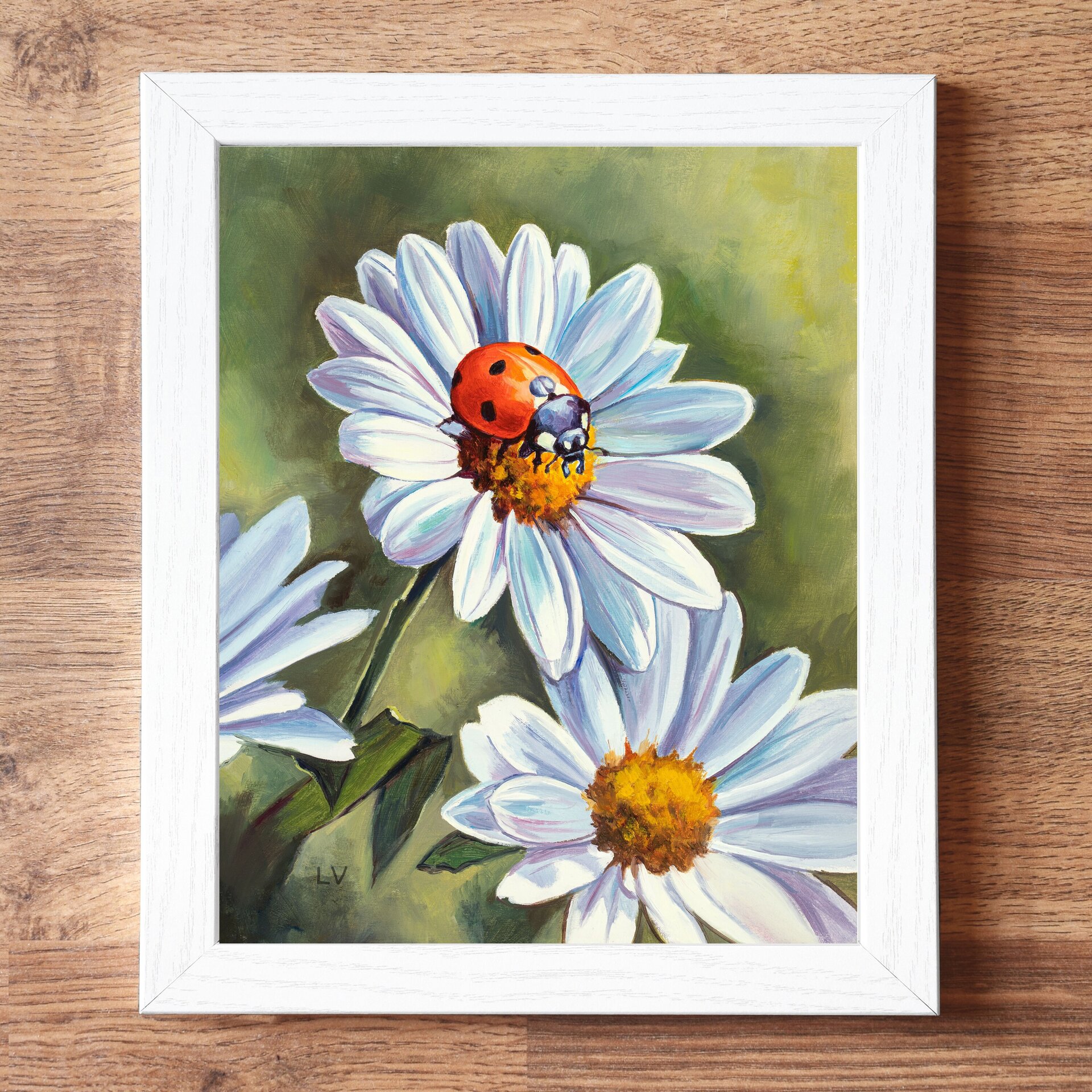 Pintura al óleo de una mariquita roja sobre flores de margarita blancas - 4
