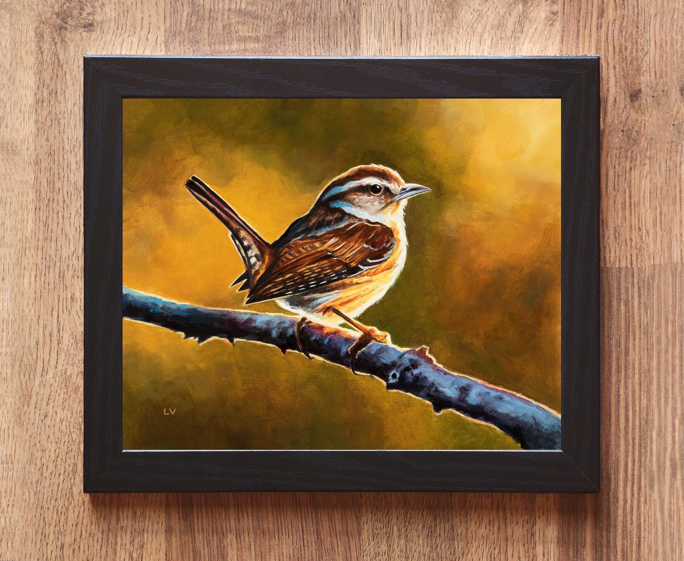 Pintura al óleo de un pájaro marrón sobre una rama, Cuadro animales silvestres - 2