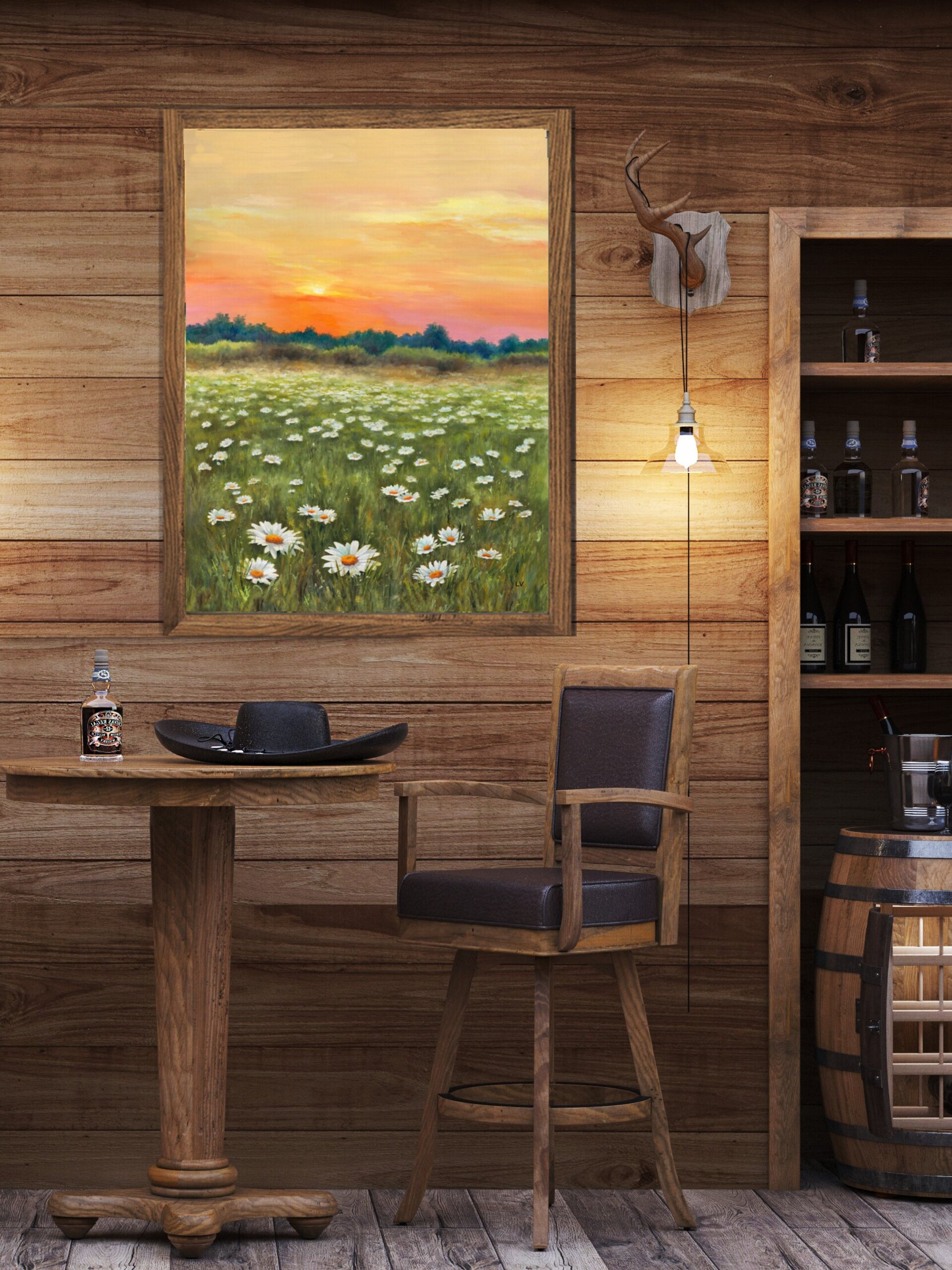 Pintura de campo de margaritas en puesta de sol, Paisaje de flores en primavera - 9