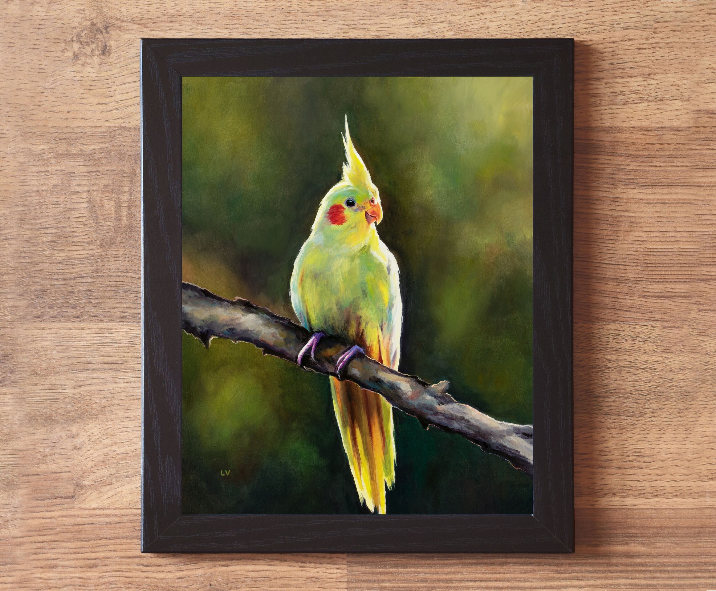 Retrato de ninfa amarilla al óleo, Pintura de pájaro tropical sobre una rama - 2