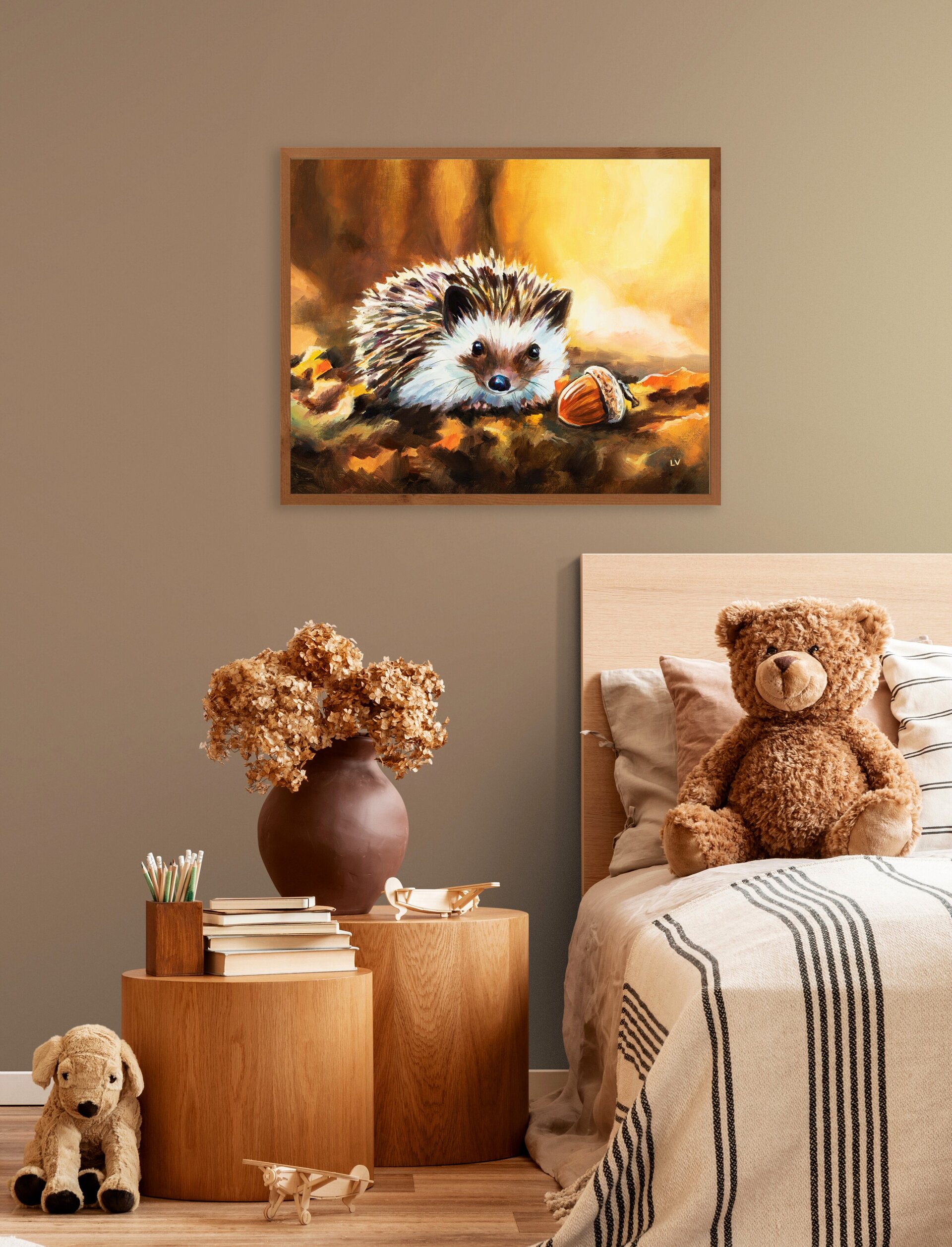 Cuadro de erizo con una bellota en el bosque otoñal, Pintura infantil animales - 7