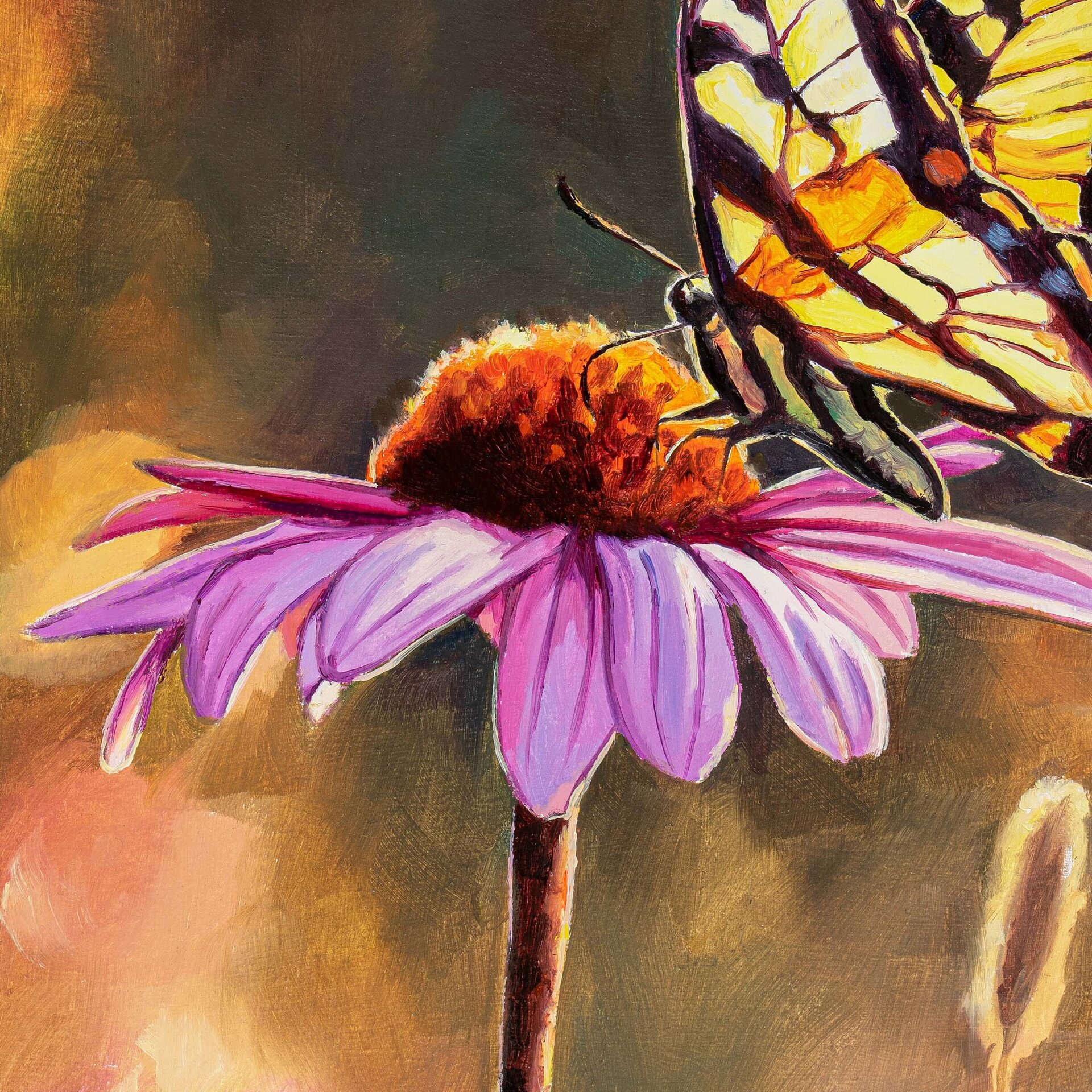 Cuadro al óleo de mariposa papilio sobre una margarita rosa, Ilustración insecto - 8