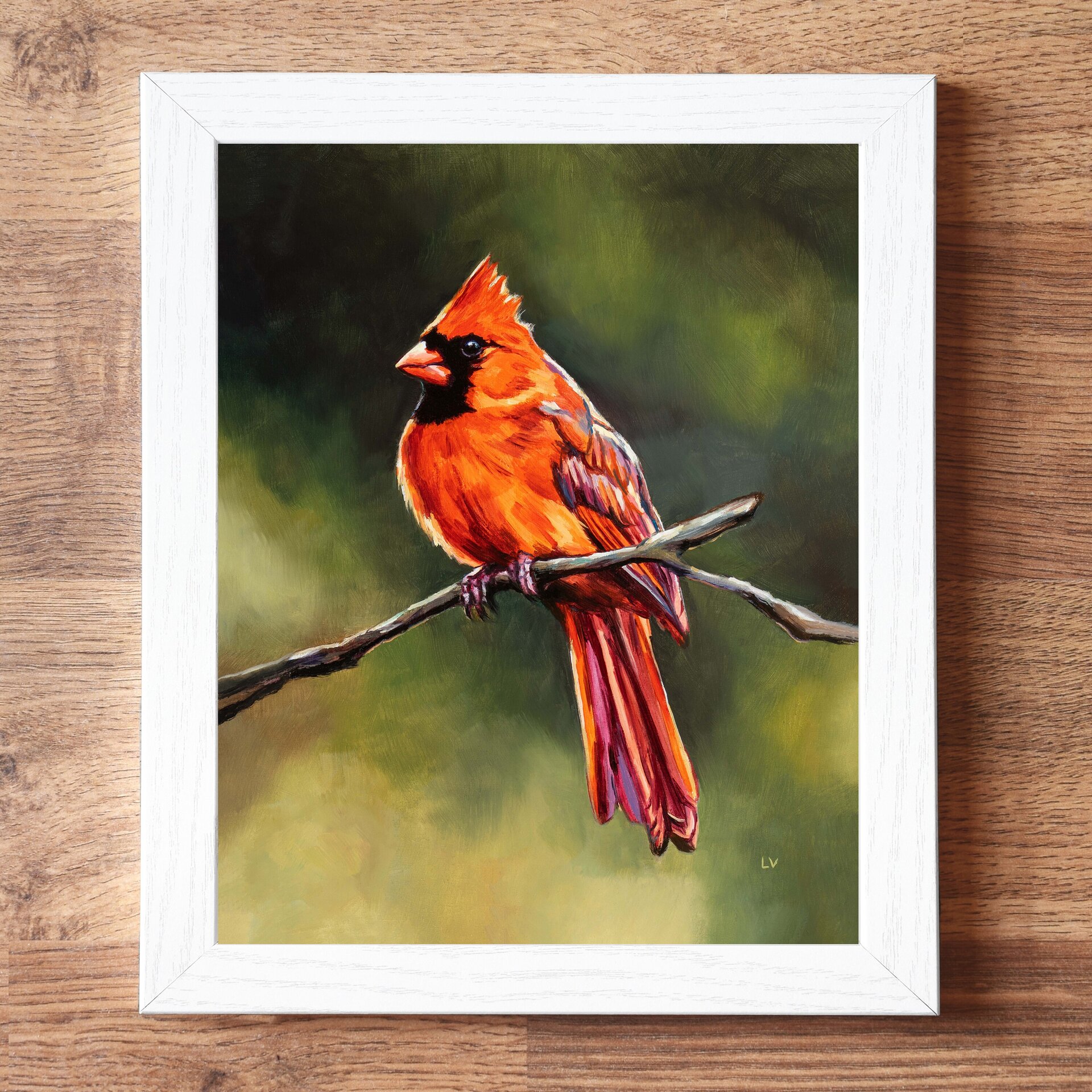 Retrato al óleo de un pajaro cardenal rojo sobre una rama, Pintura de animales - 4