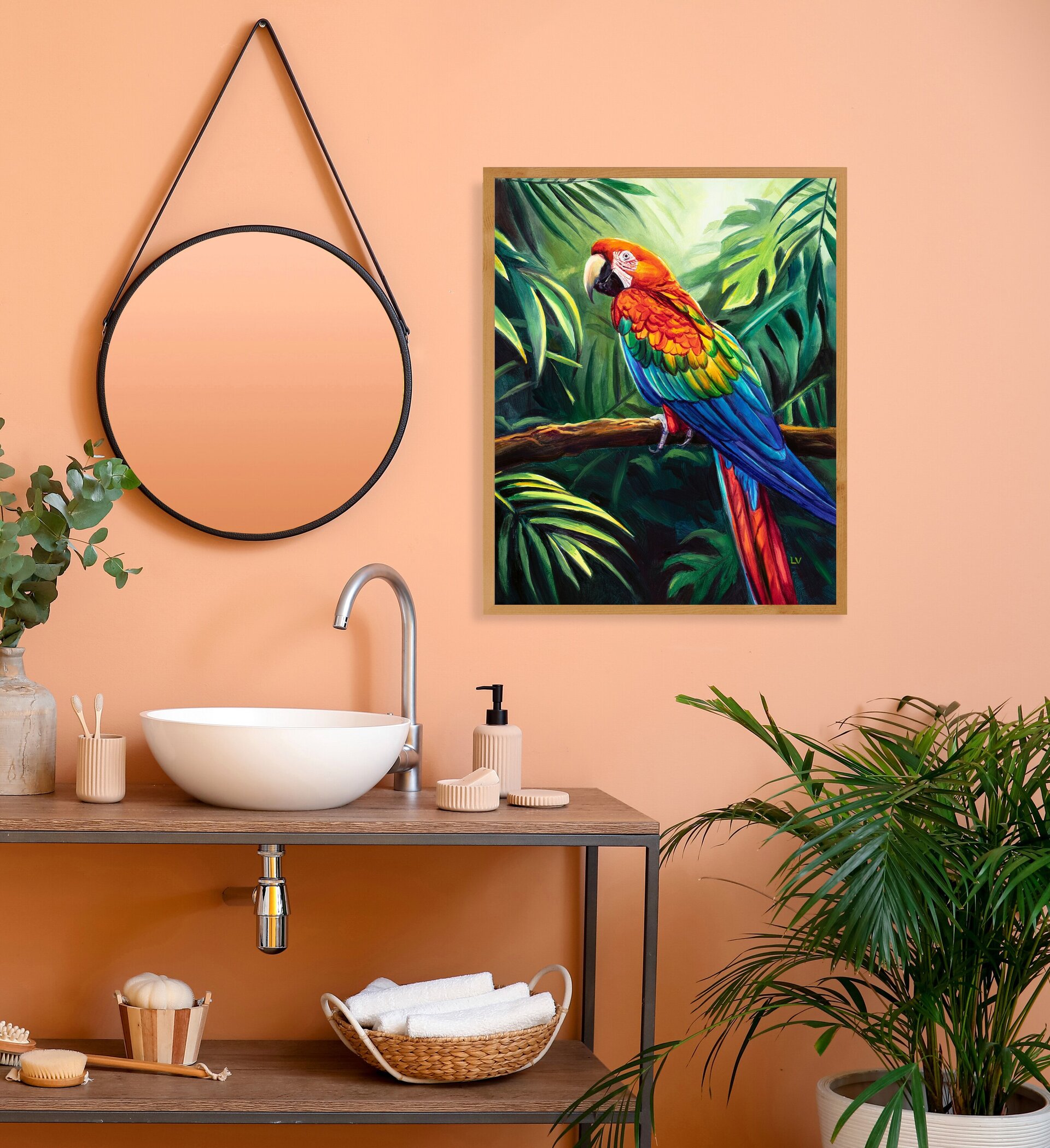 Cuadro de loro guacamayo rojo en la jungla, Pintura a óleo de animales salvajes - 10