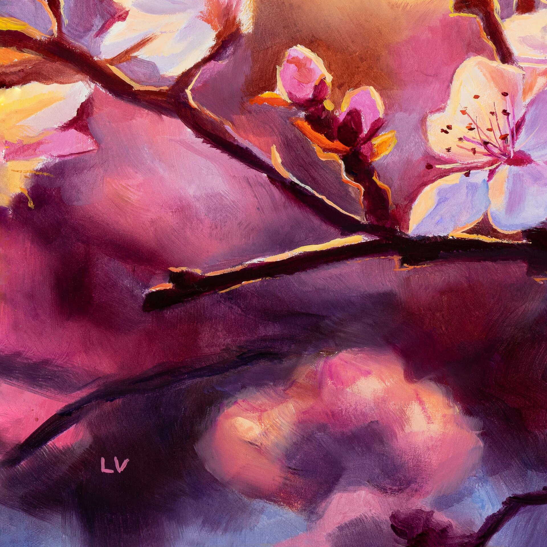 Pintura al óleo de cerezos en flor al atardecer, Cuadro floral rosa botánico - 12