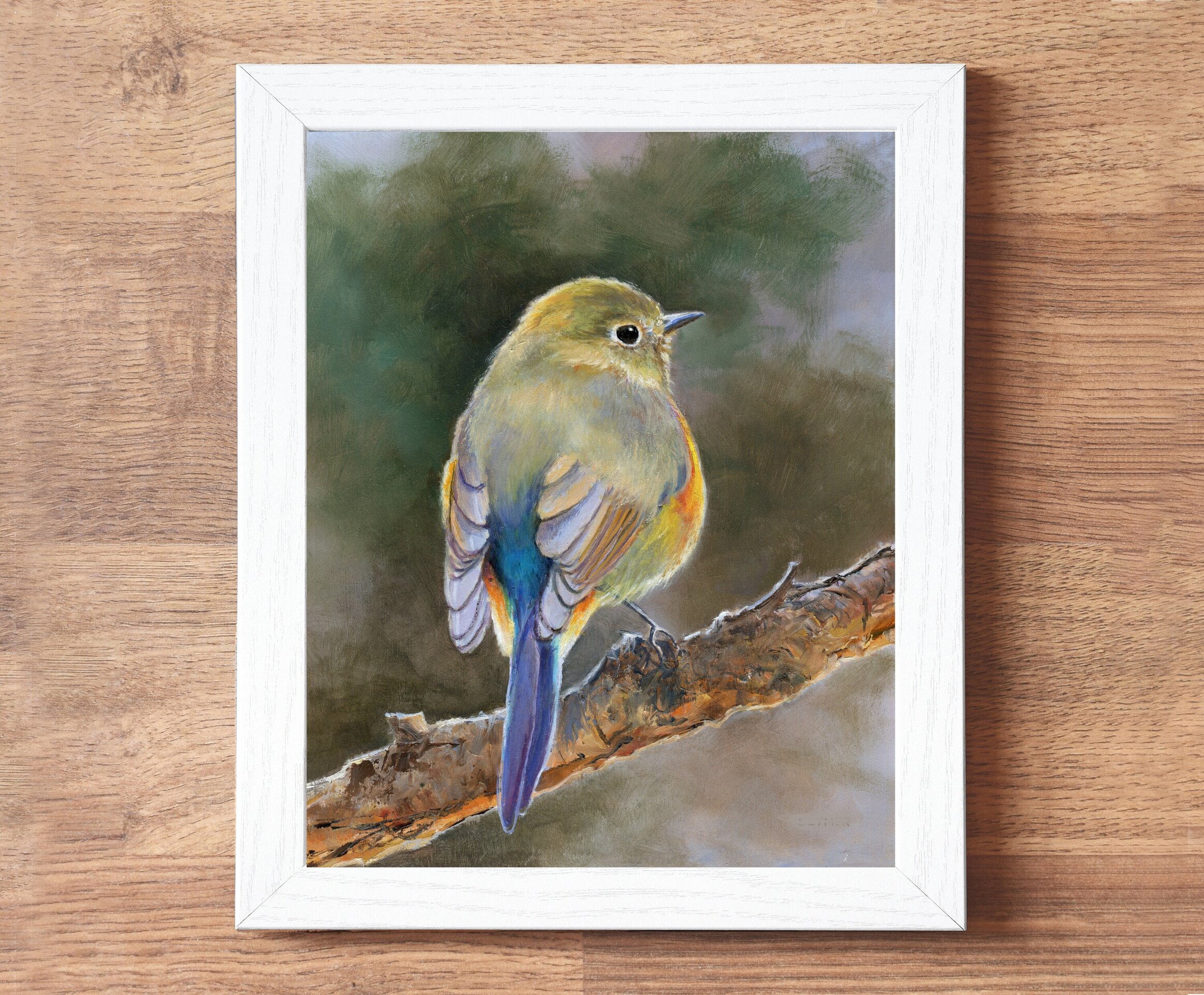 Pintura detallada y realista de pájaro amarillo sobre rama. Ave de cola azul - 4