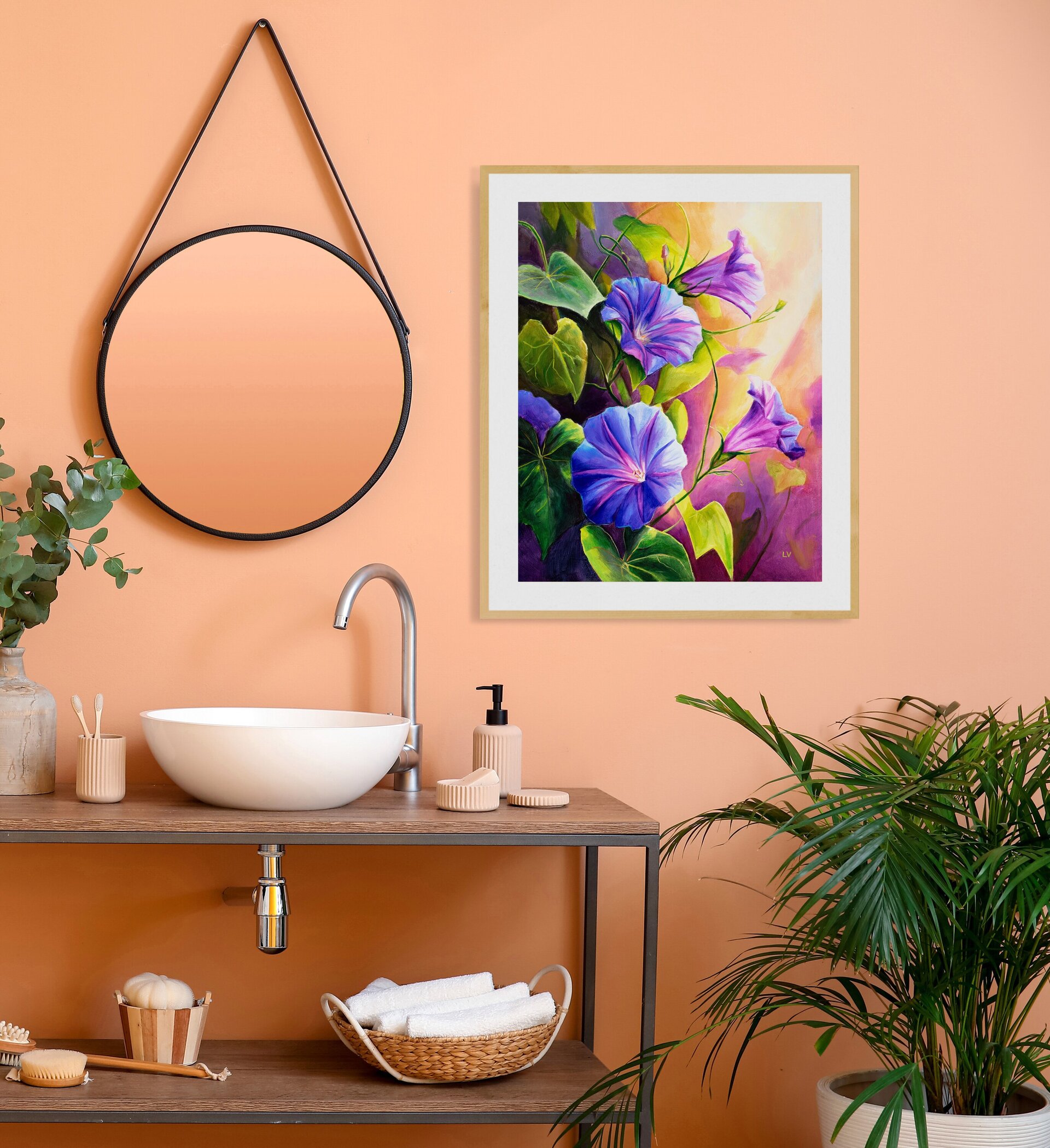 Flores de campanilla moradas en el jardín cuadro al óleo, Pintura botánica - 10