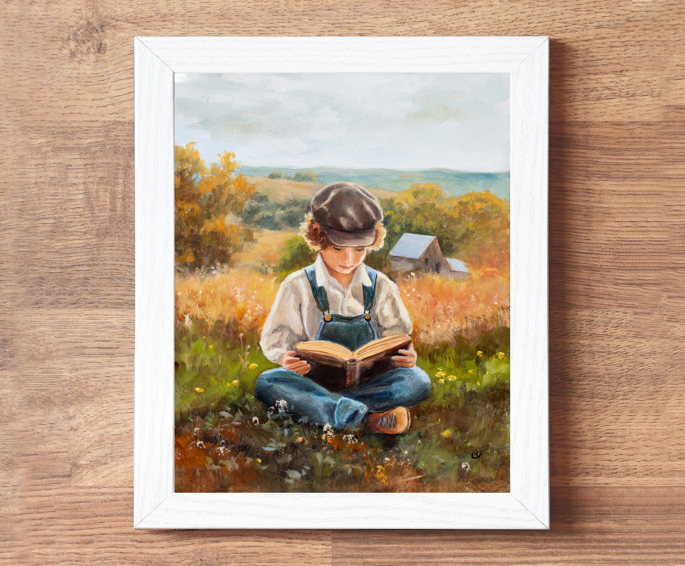Pintura de niño campesino en la granja con un libro. Nostalgia de vida campestre - 4