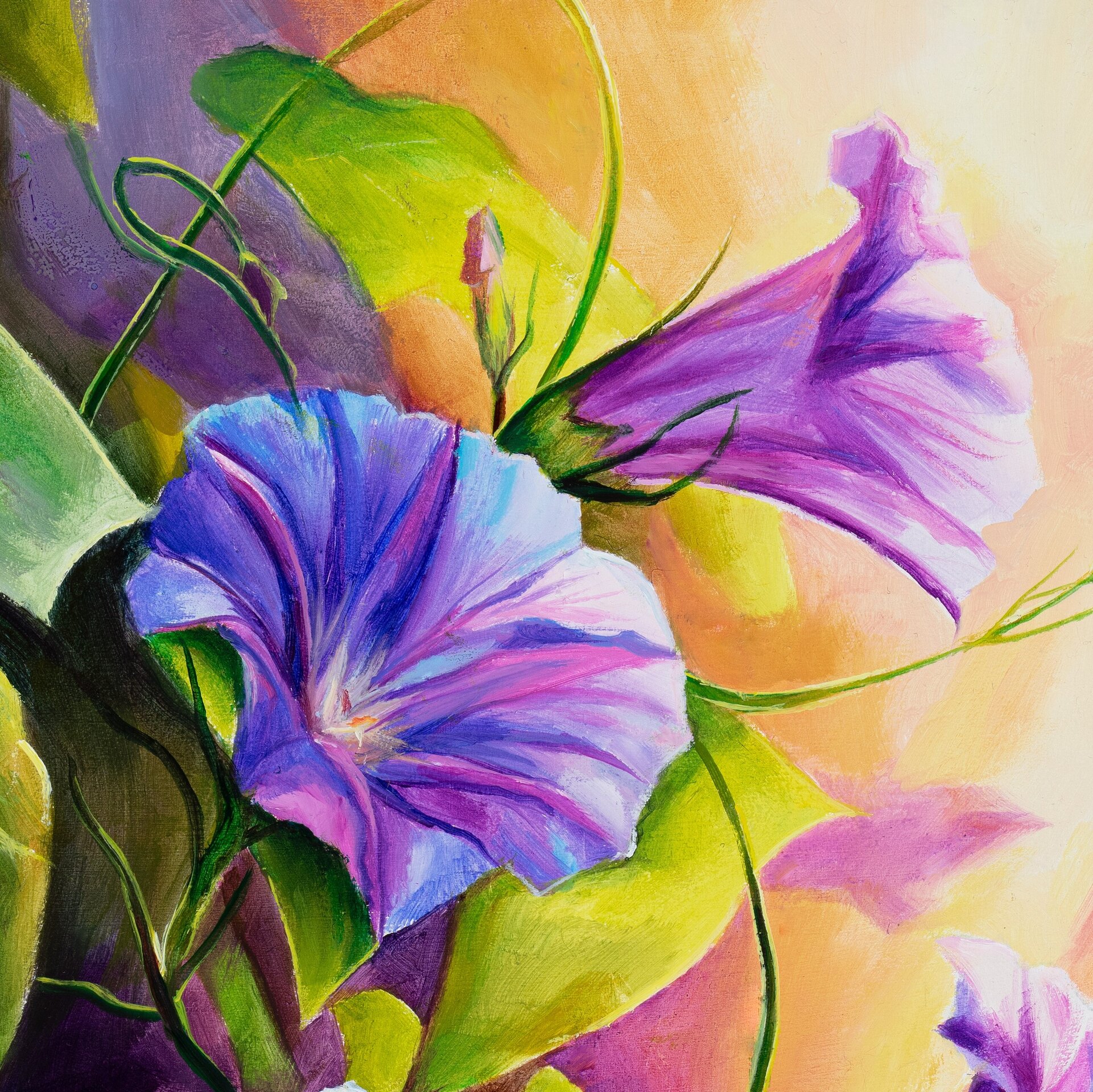 Flores de campanilla moradas en el jardín cuadro al óleo, Pintura botánica - 12