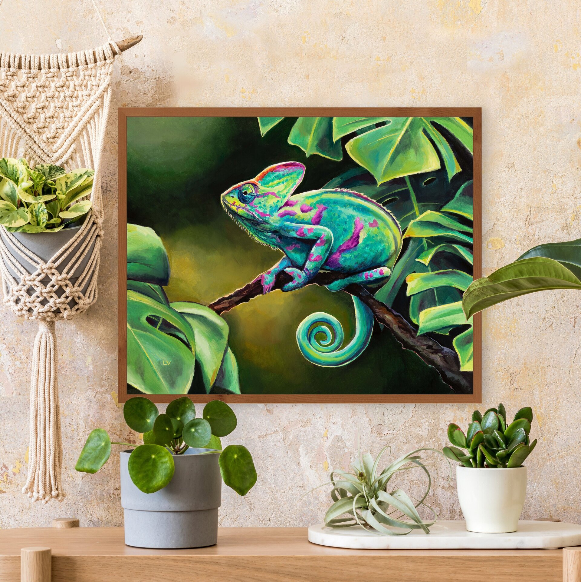 Cuadro al óleo de camaleón verde en la selva, Pintura realista animales salvajes - 12