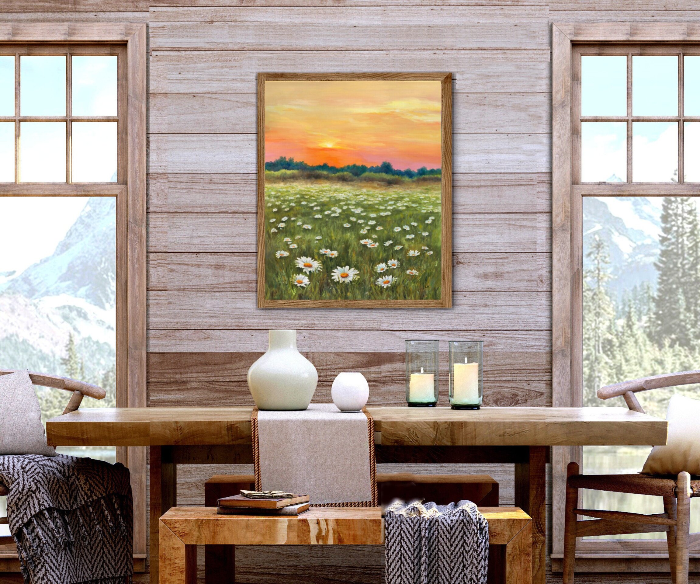 Pintura de campo de margaritas en puesta de sol, Paisaje de flores en primavera - 7