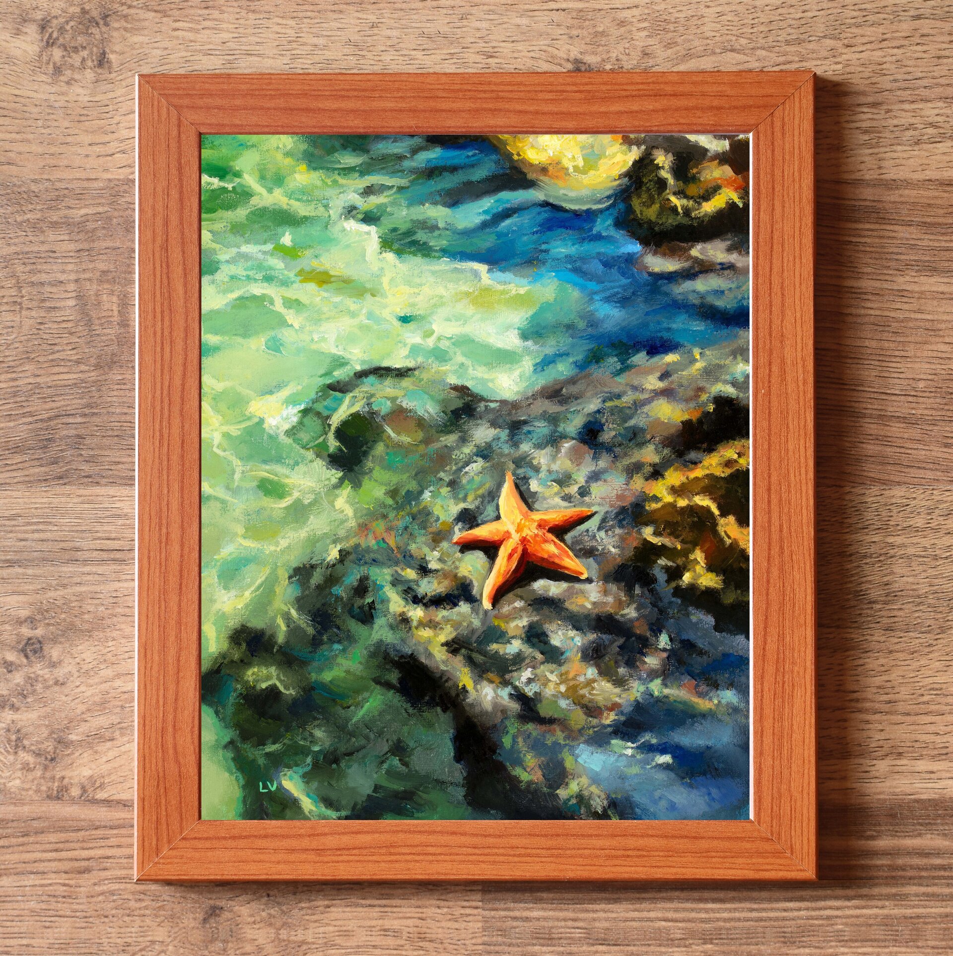 Cuadro al óleo de estrella de mar, Paisaje de océano con rocas, agua y olas - 3
