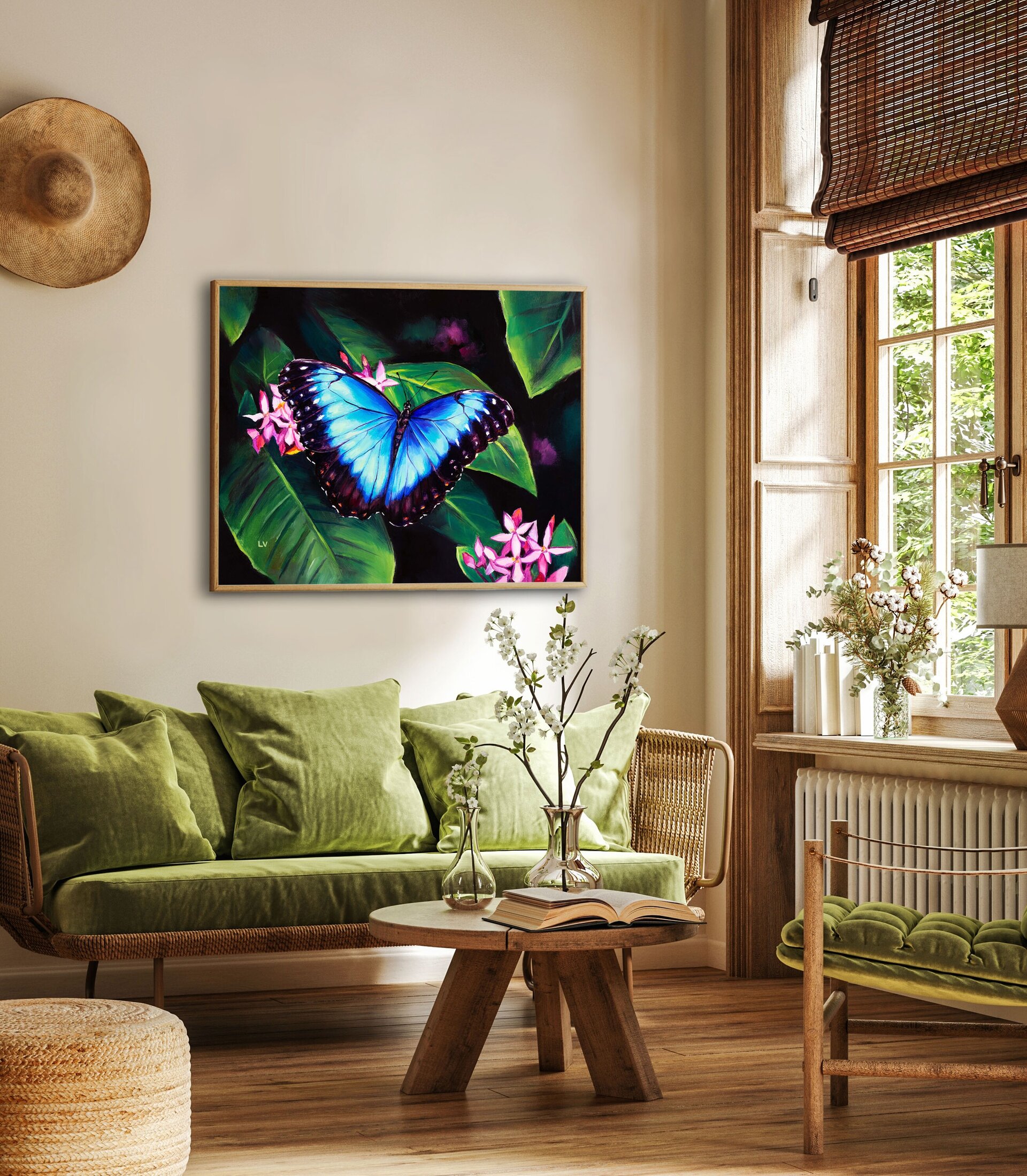 Cuadro de mariposa azul morpho sobre flores rosa, Pintura al óleo insecto jardín - 6