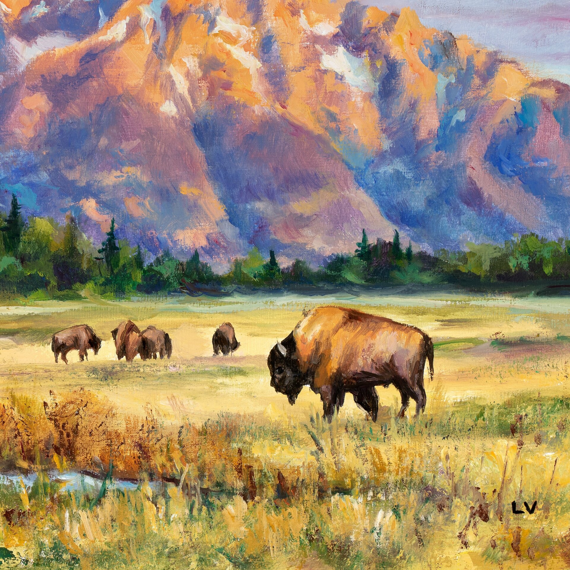 Paisaje al óleo de montañas nevadas con bisontes en la pradera al amanecer - 14