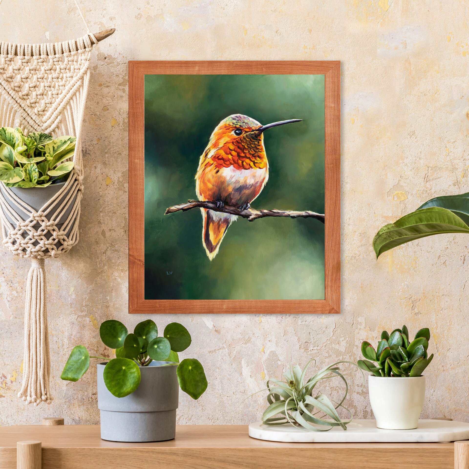 Pintura de colibrí naranja posado en un árbol, Retrato de vida silvestre animal - 7