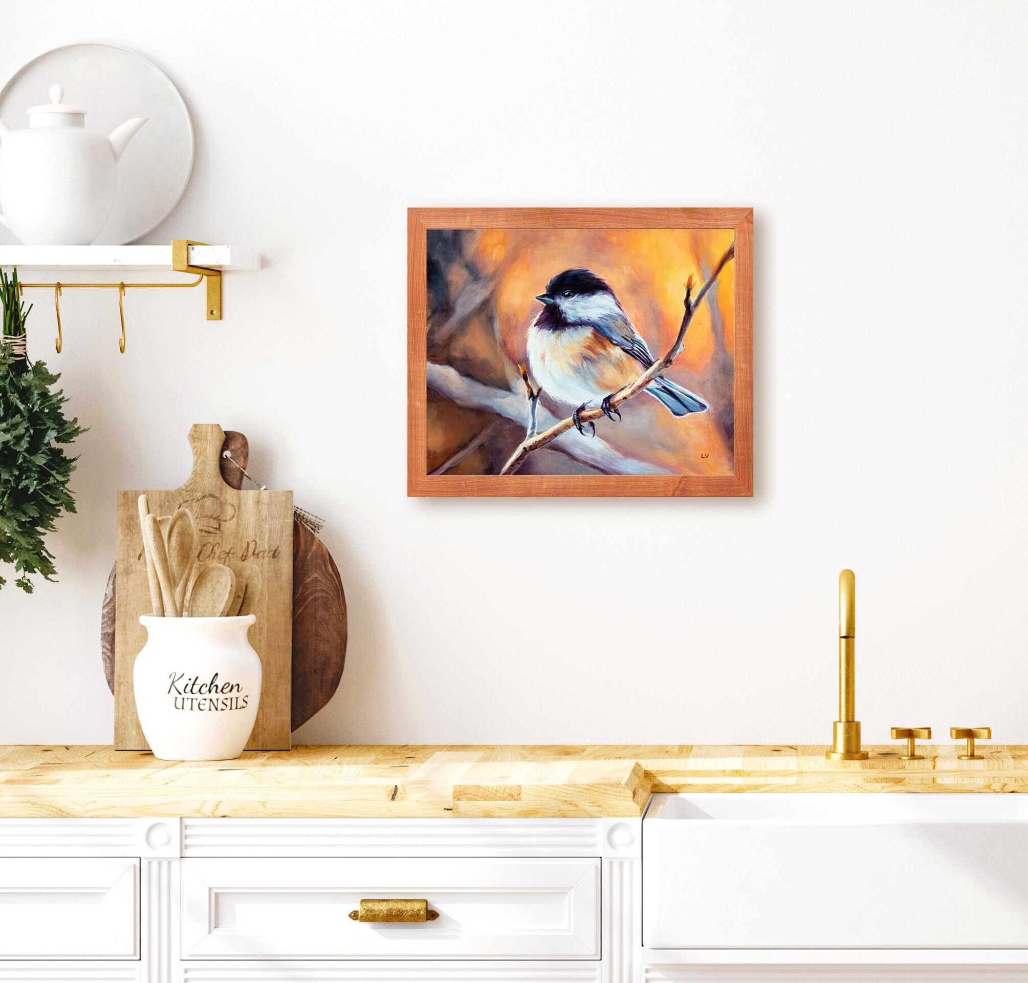 Pintura al óleo de pájaro carbonero cabecinegro sobre una rama del bosque - 7
