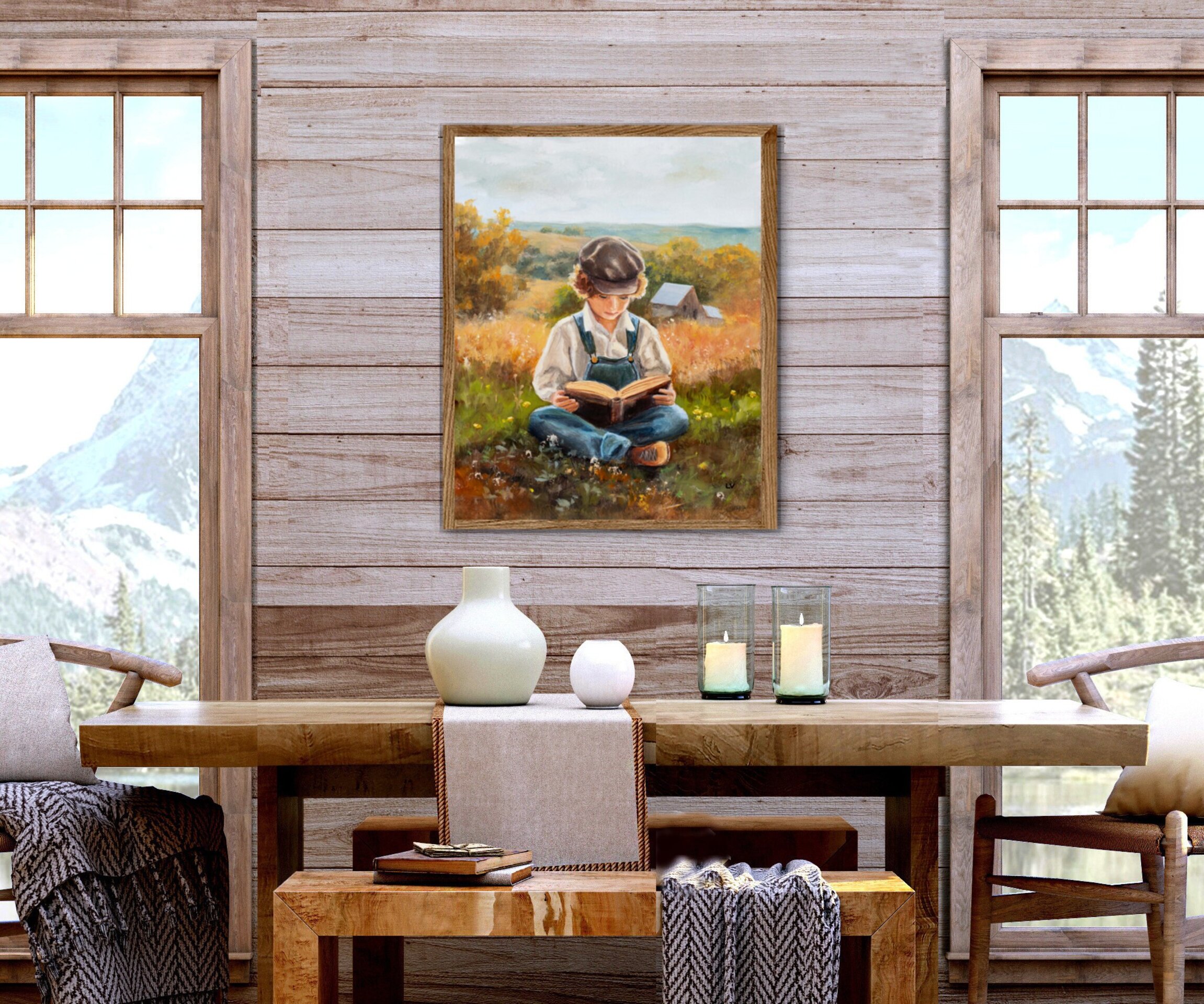 Pintura de niño campesino en la granja con un libro. Nostalgia de vida campestre - 7