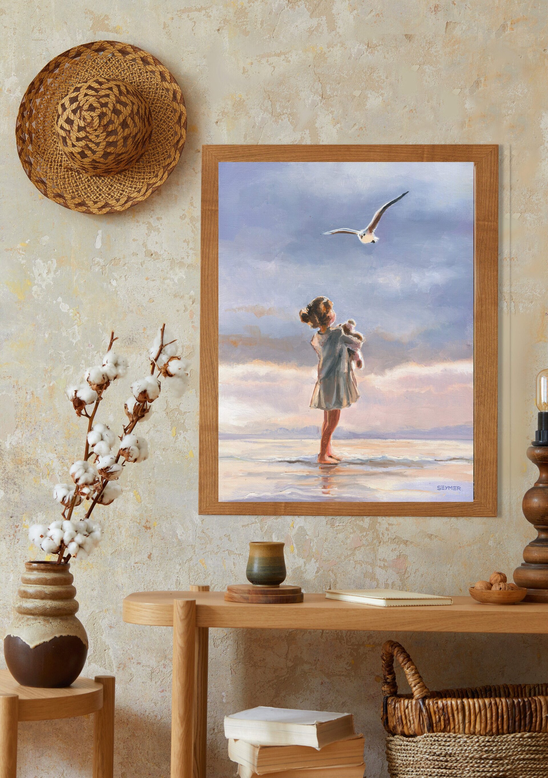 Pintura de niña en la playa con gaviota volando sobre el mar, Sentimiento de paz - 10