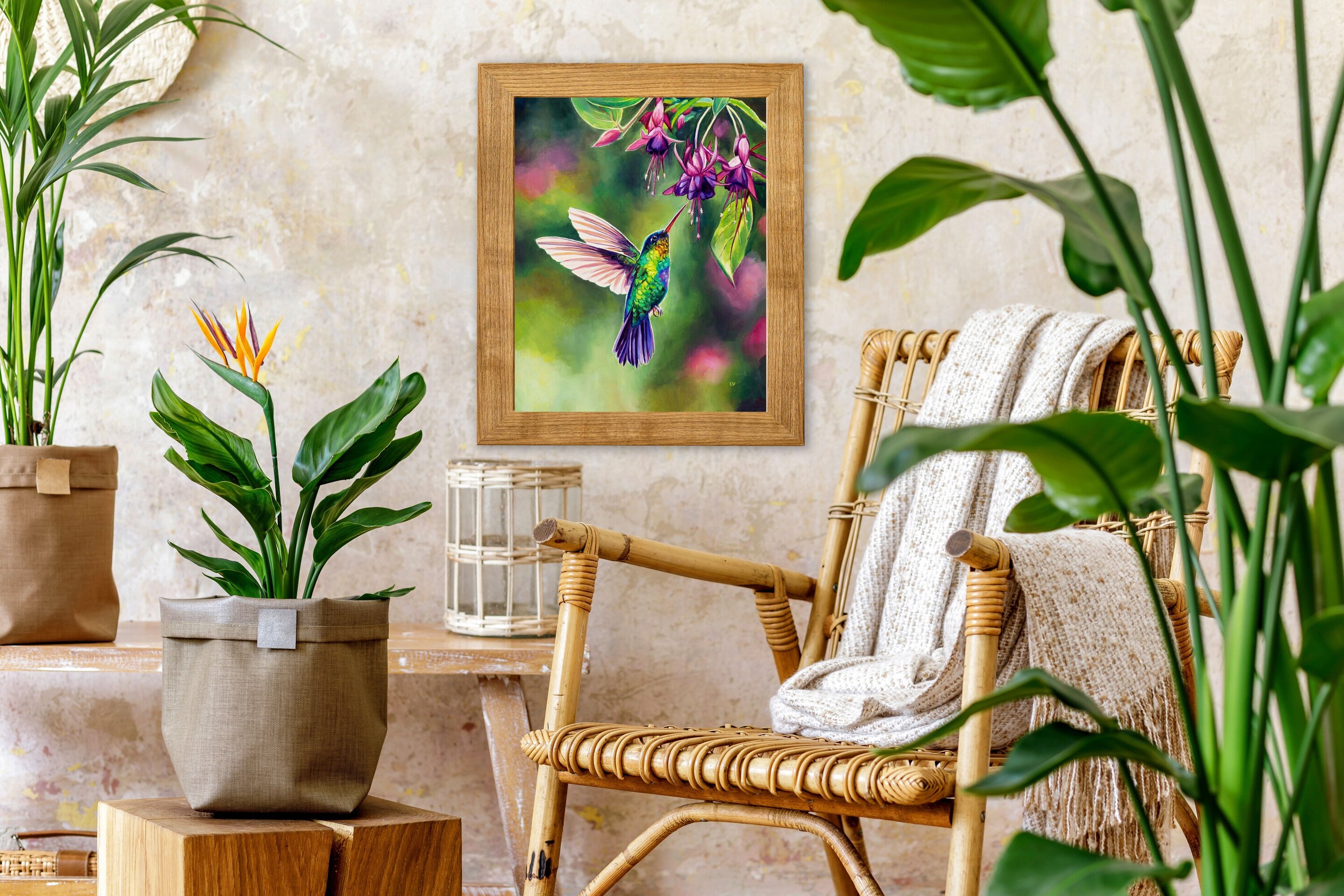 Pájaro colibrí volando con flores tropicales, Cuadro al óleo de ave exótica - 12