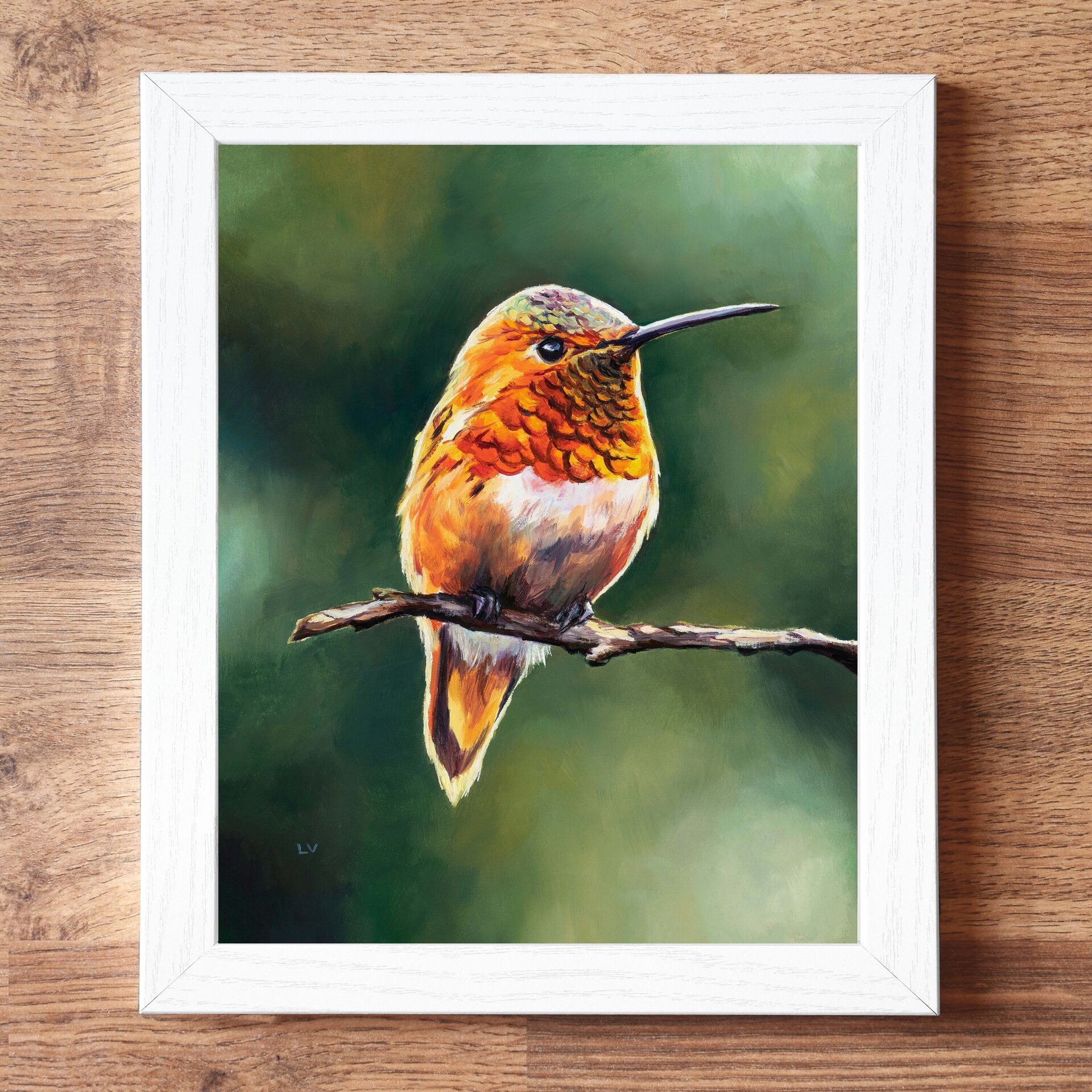 Pintura de colibrí naranja posado en un árbol, Retrato de vida silvestre animal - 4