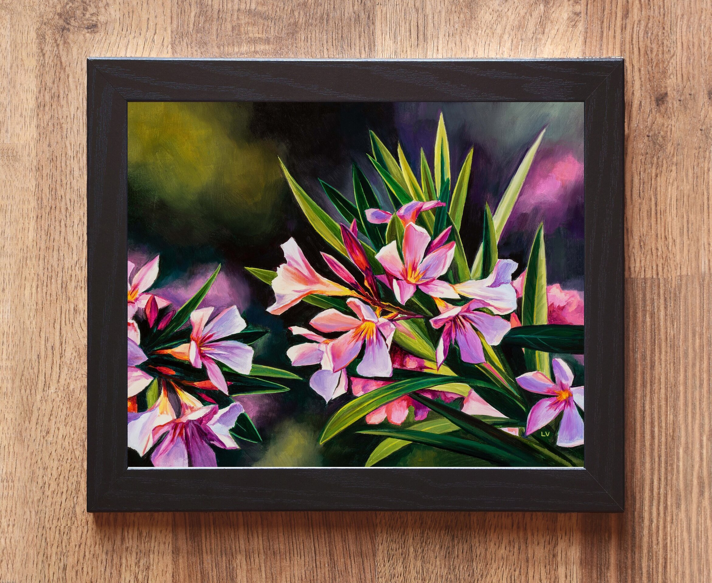 Cuadro al óleo de flores rosa de adelfa, Pintura de bodegón floral de verano - 2