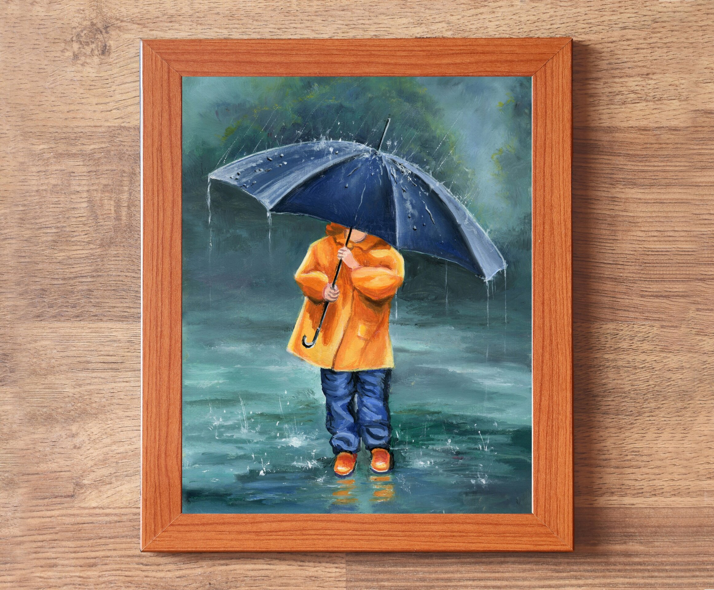 Niña con paraguas e impermeable en día de lluvia con charcos, pintura infantil - 3