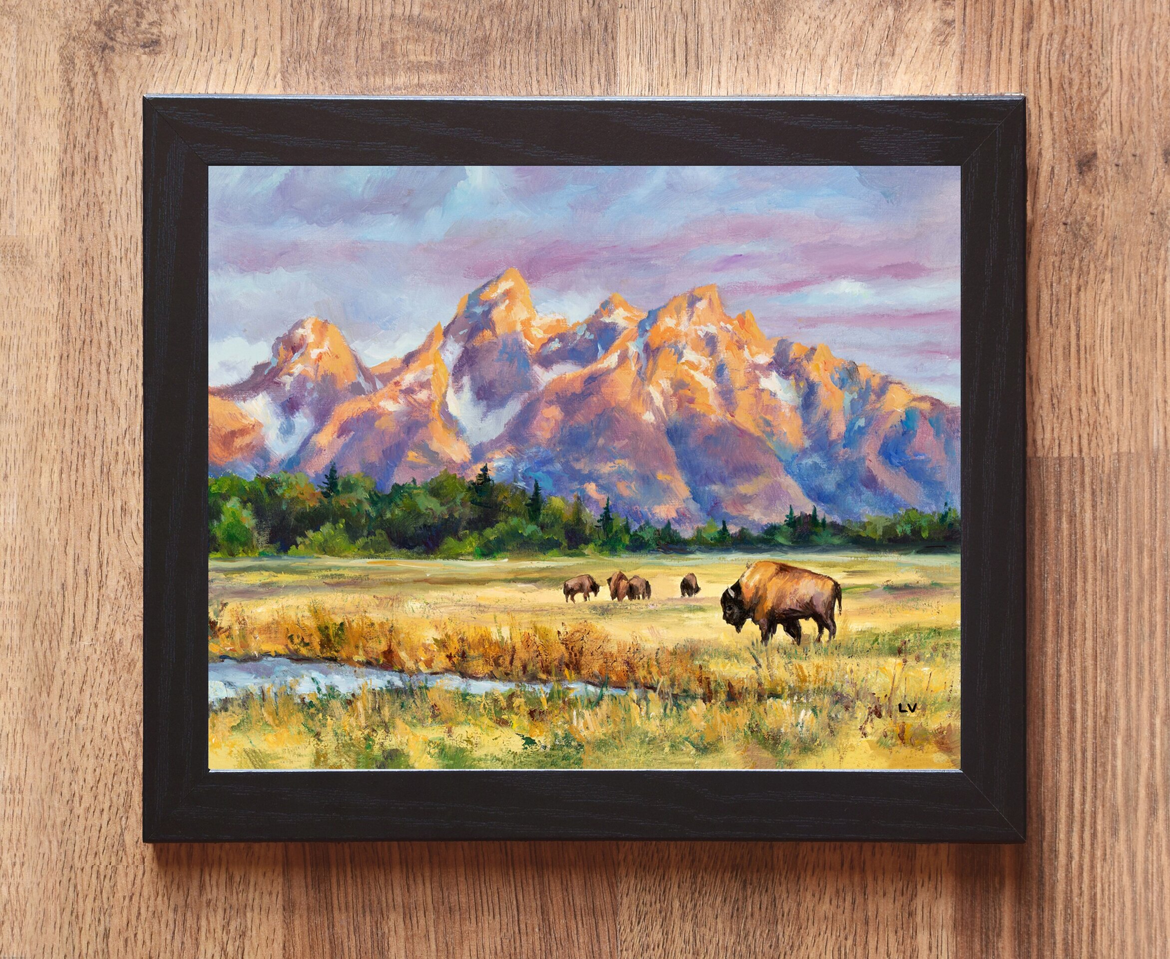 Paisaje al óleo de montañas nevadas con bisontes en la pradera al amanecer - 2